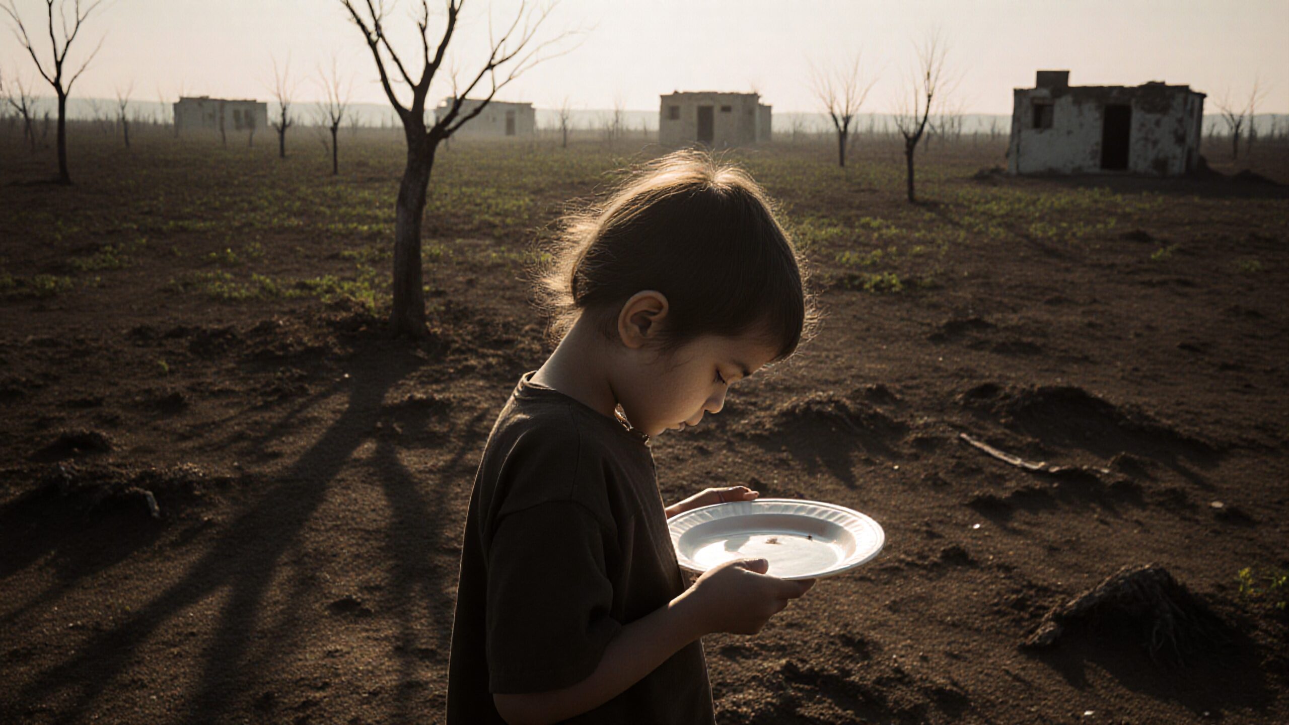 A young child holds an empty plate in a barren landscape with leafless trees and abandoned buildings.