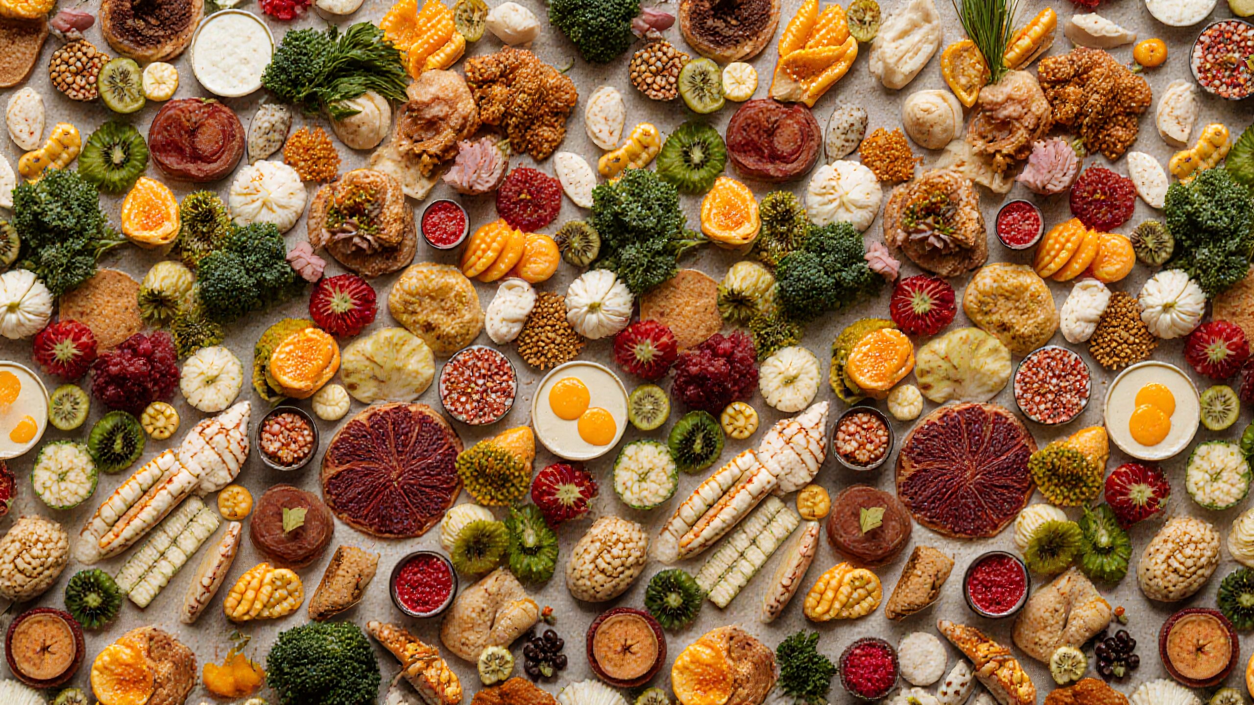 A colorful assortment of fruits and vegetables, artfully arranged with sauces and grains, evoking fresh organic living.