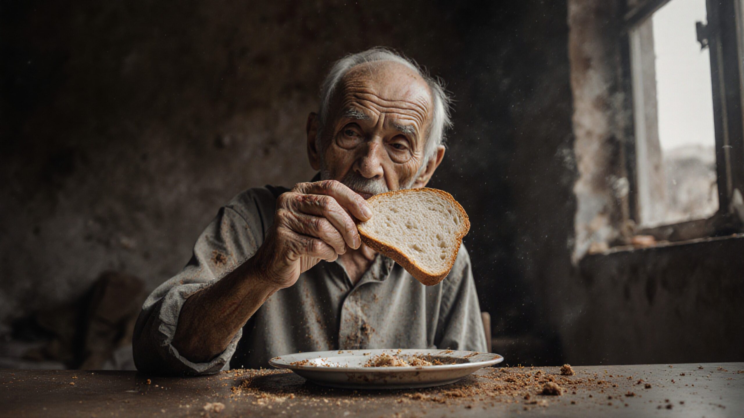 Elderly man with bread in rustic setting.