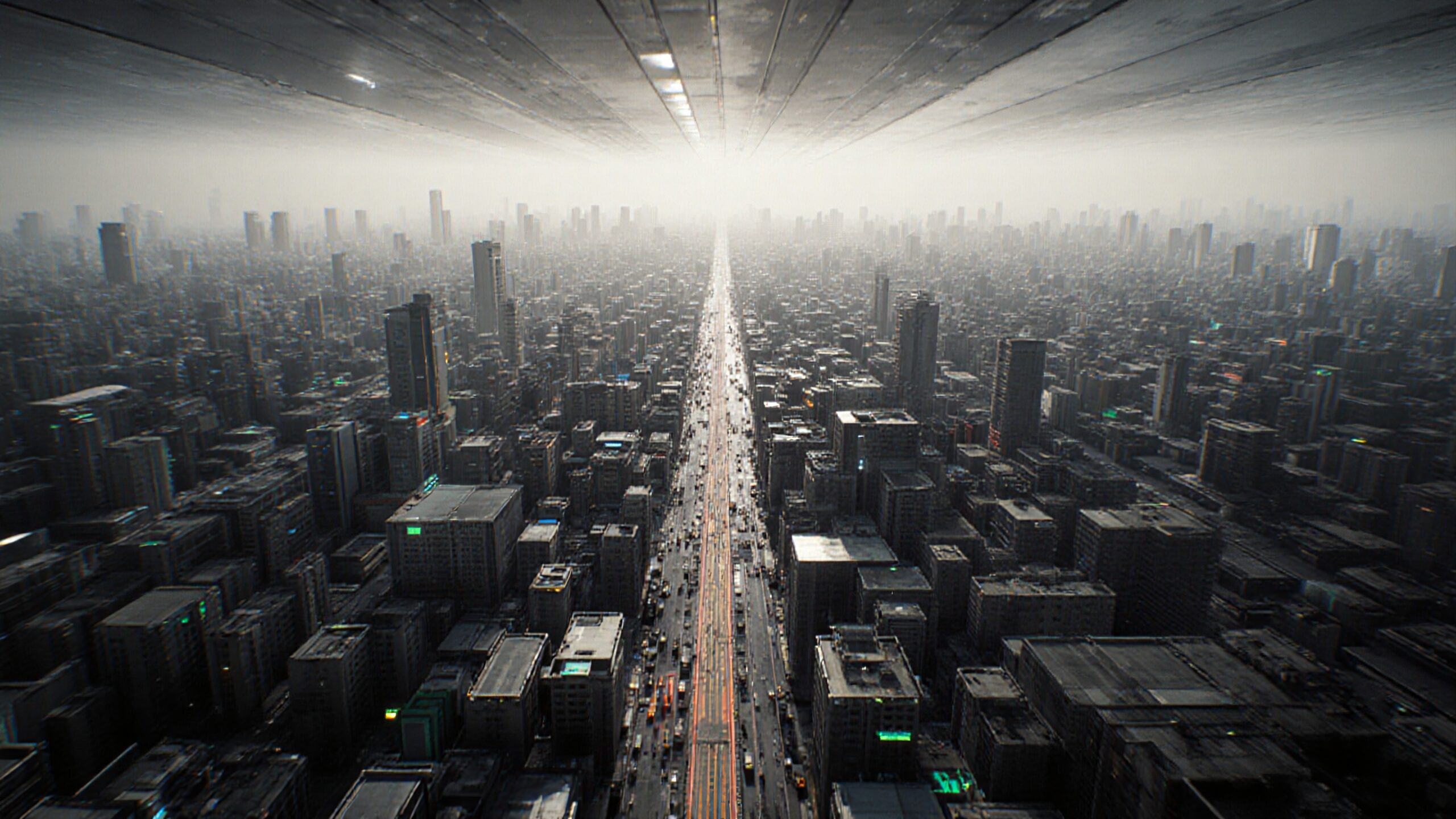 Futuristic cityscape with infinite perspective.
