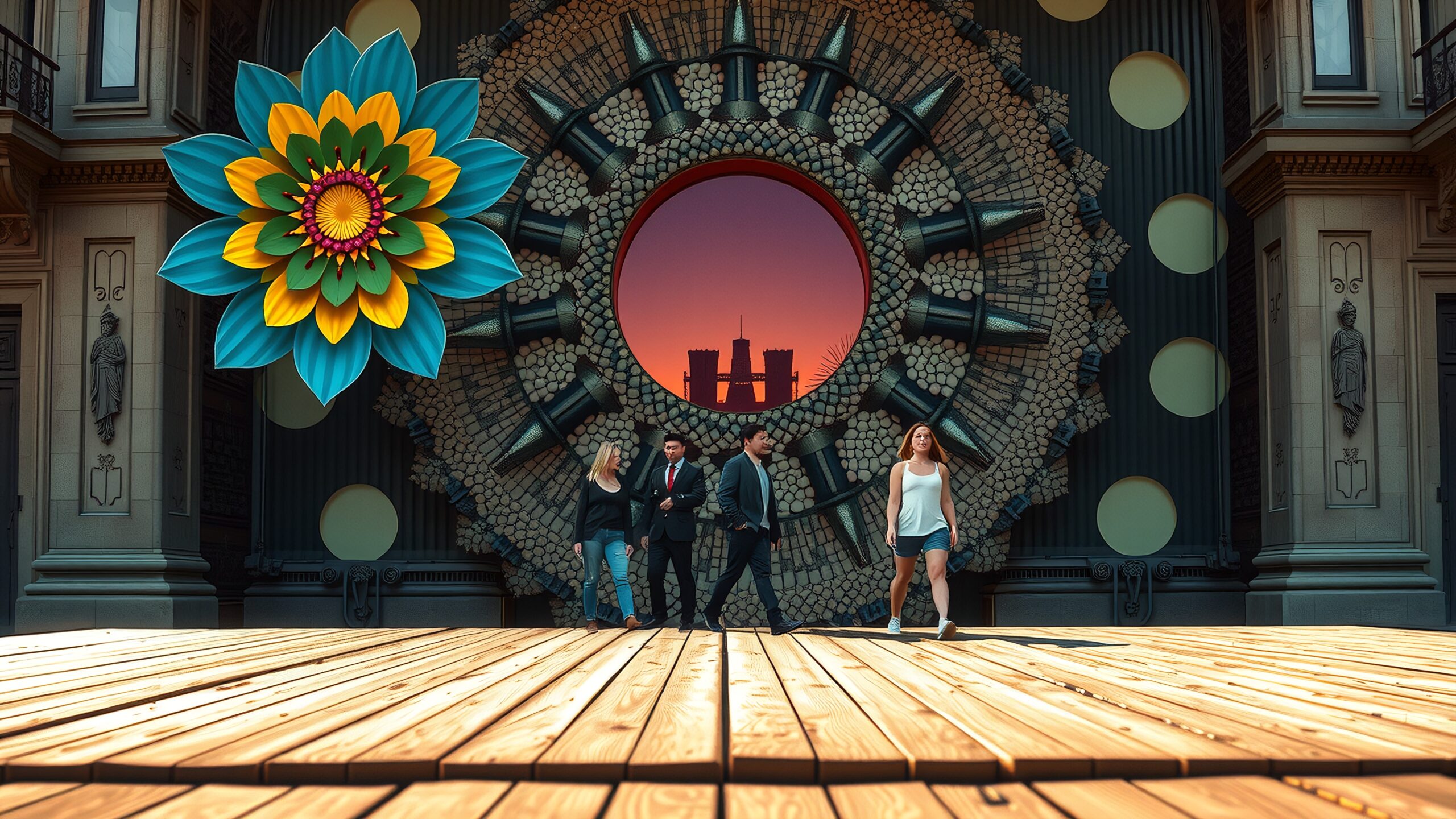 A mix of architecture and nature with people walking.