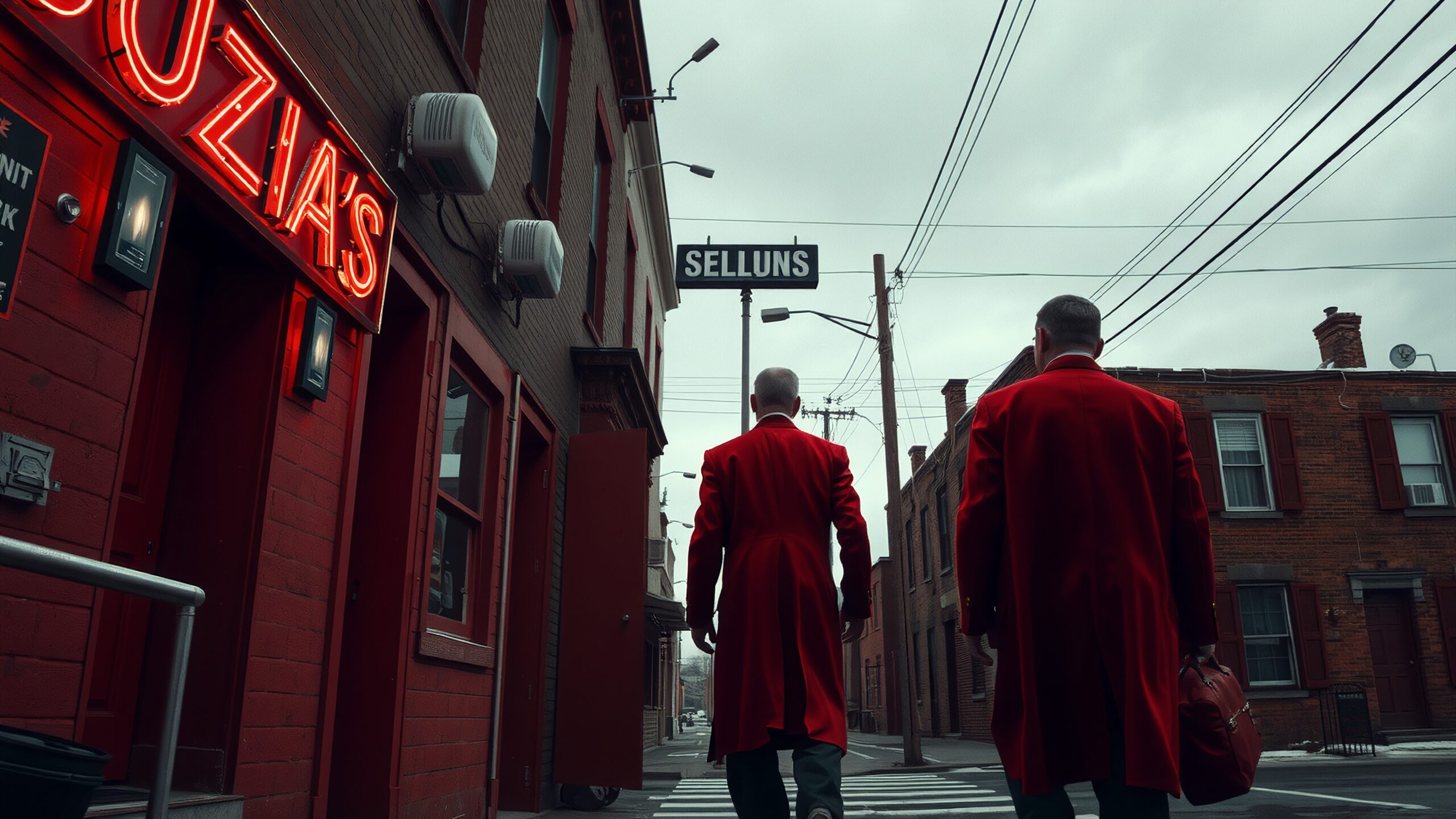 Two men in red coats walking along a city street with a neon sign and overcast sky in the background.