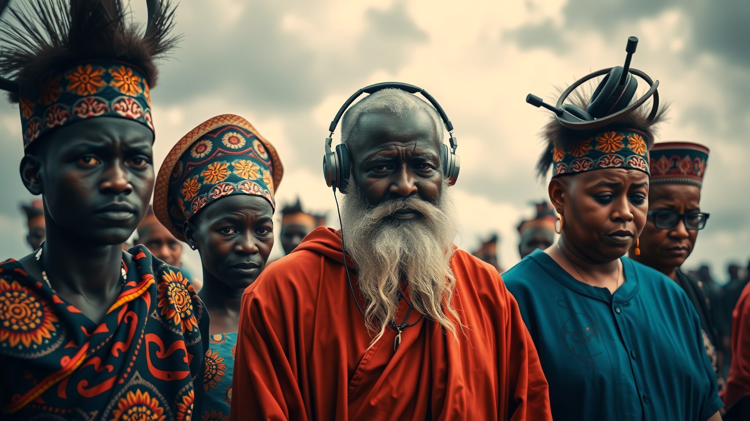 A bearded elder in vibrant attire wears headphones among a culturally diverse group under a cloudy sky.