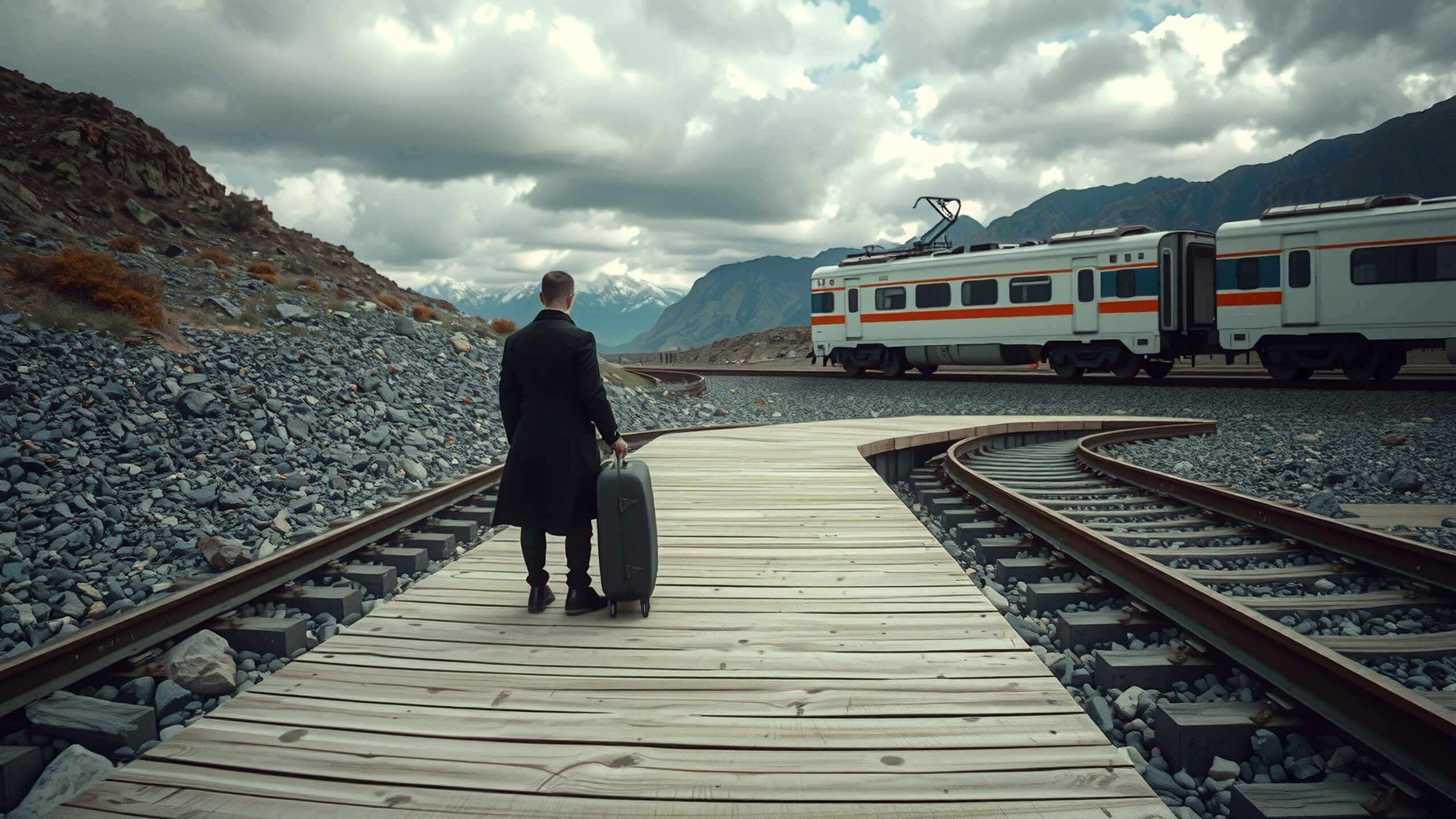 A man in a coat stands on a wooden platform with a suitcase, watching a distant train under an overcast sky, framed by rocky mountains.