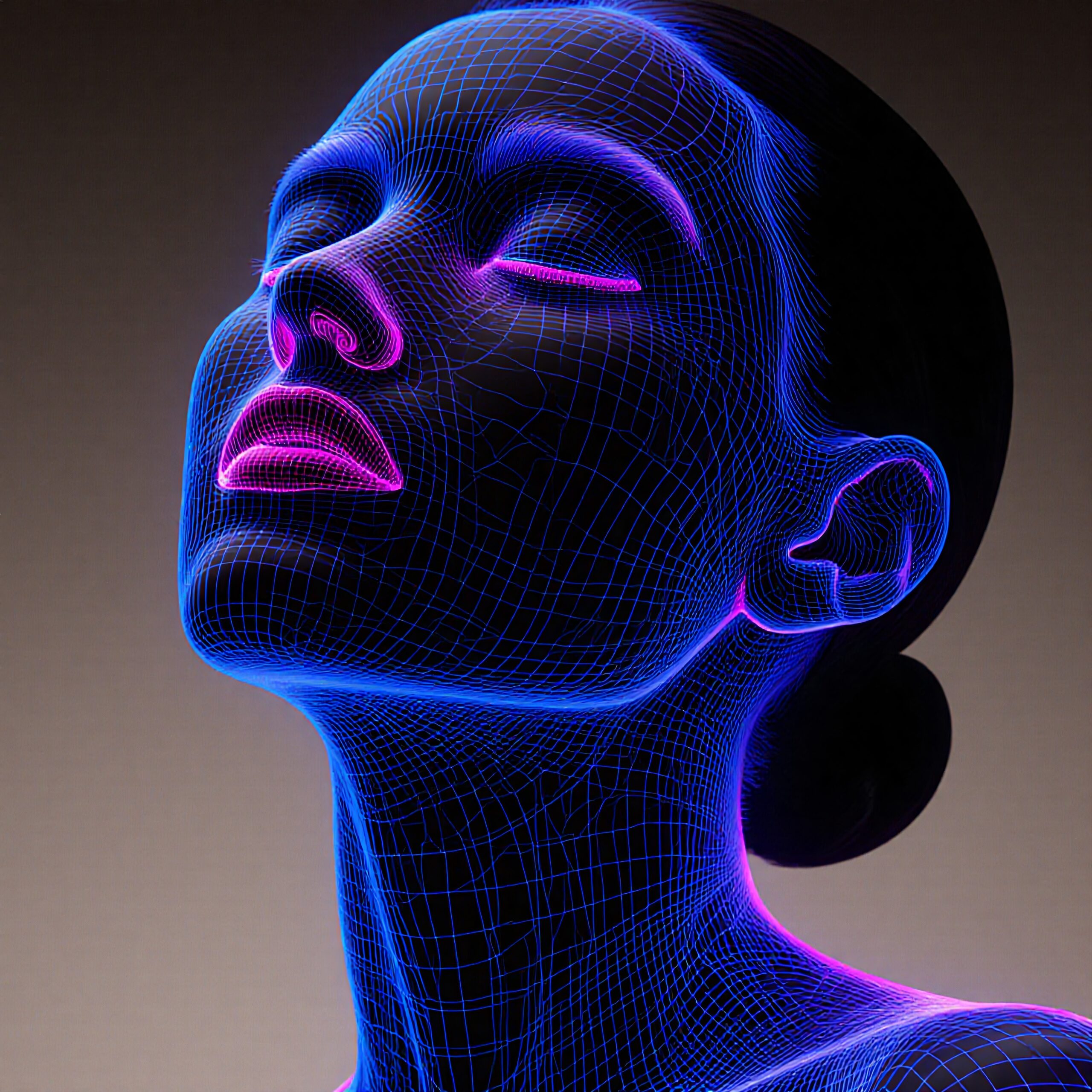 Neon-lit digital wireframe overlay on a human face renders an ethereal and futuristic look.