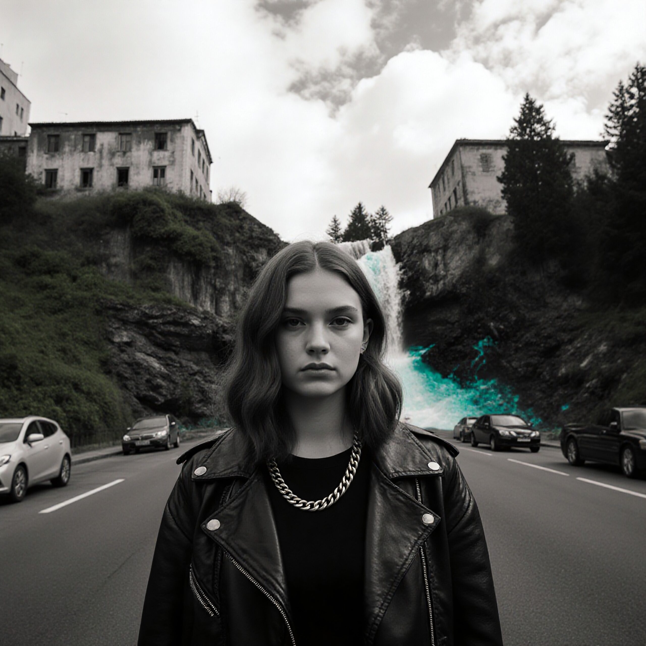 Young woman in leather jacket stands on urban road with waterfall in background.