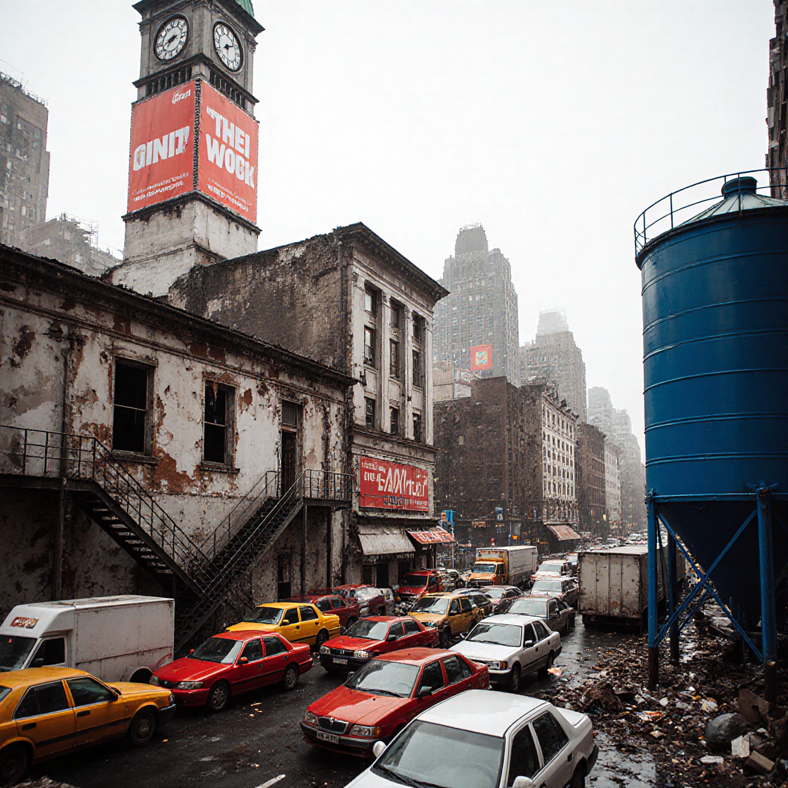 Urban cityscape with traffic and decaying architecture.