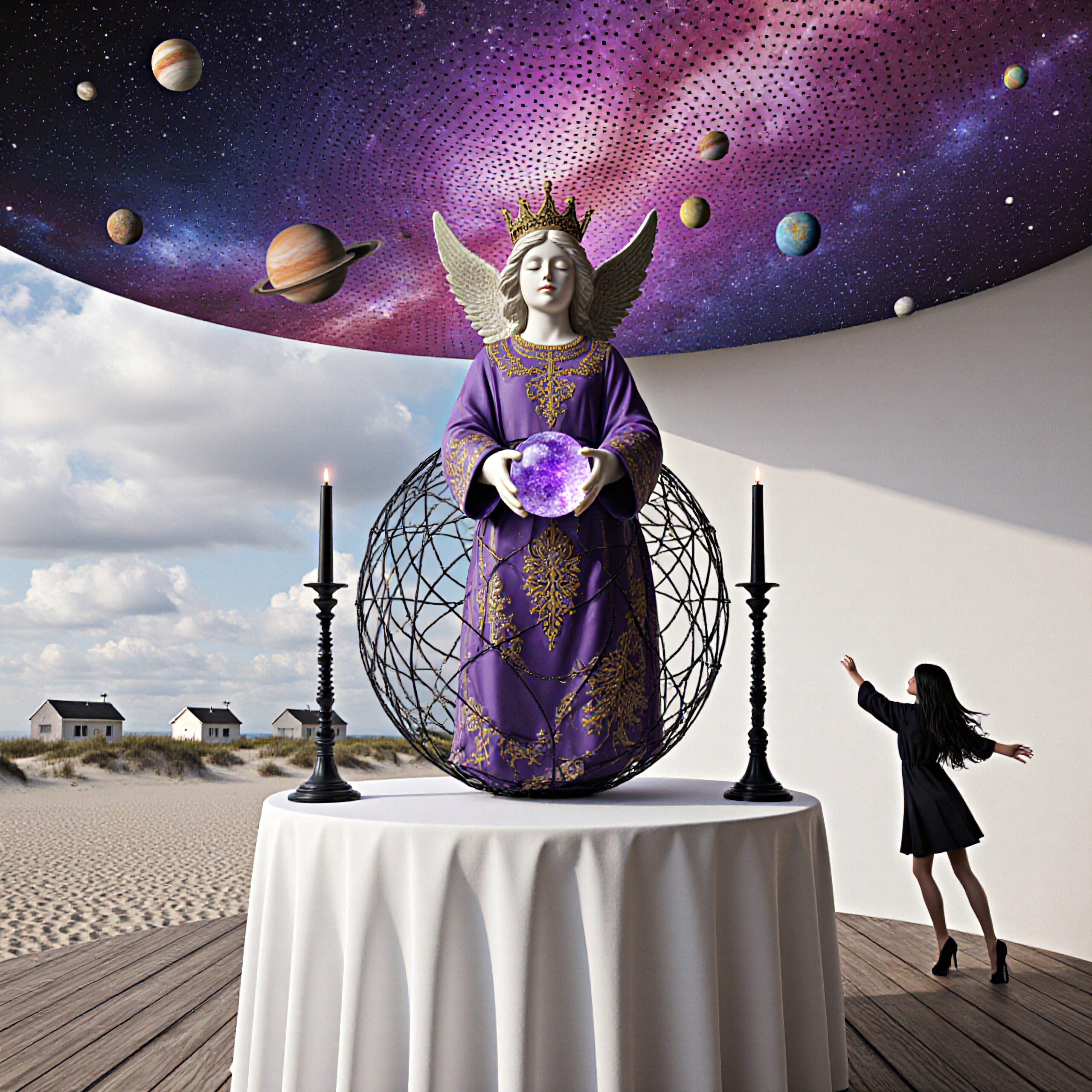 Angel statue with purple robe and orb, surrounded by cosmic sky, candles, woman reaching skyward, sandy landscape.