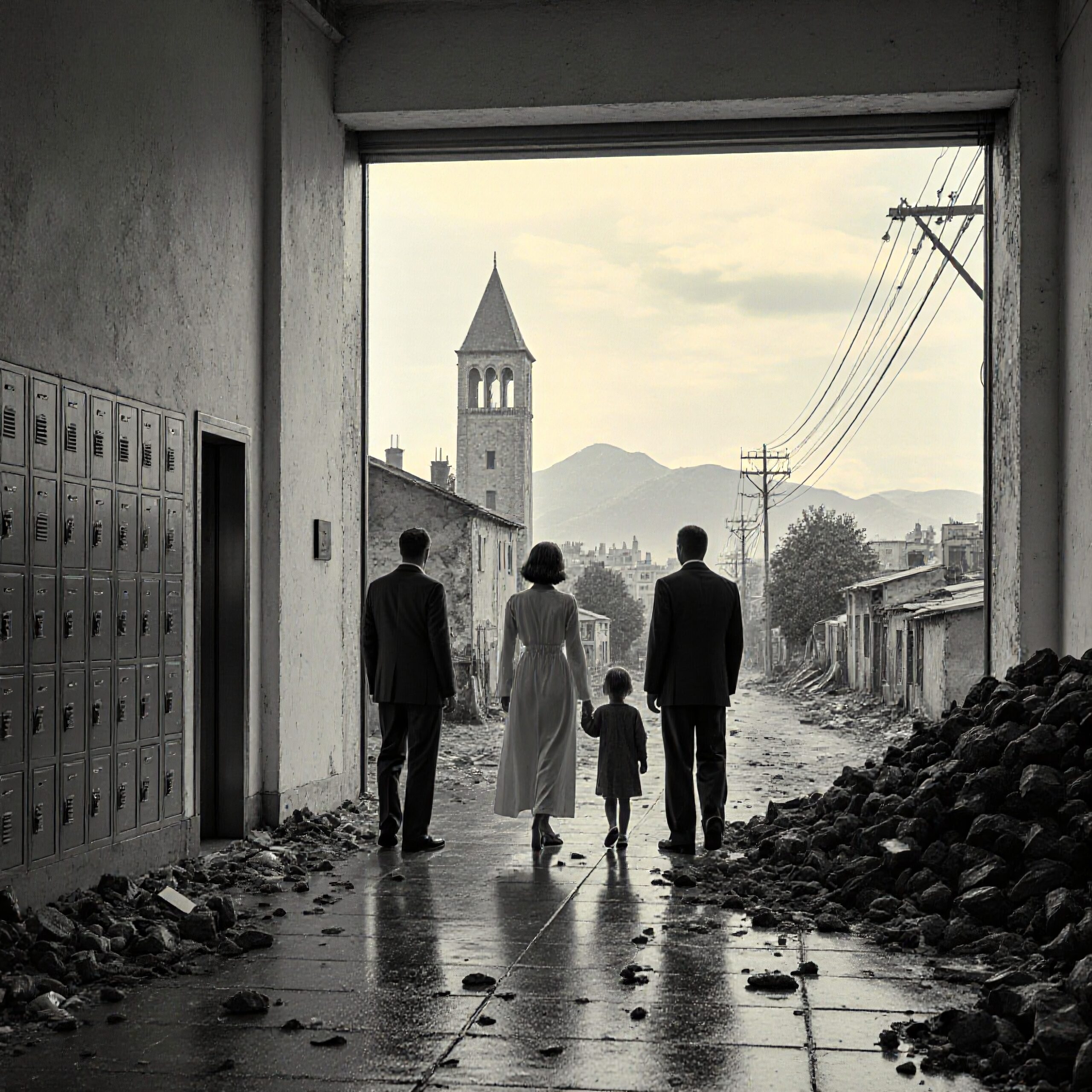 A family walks through a desolate town, framed by distant mountains and a bell tower, reflecting themes of departure and resilience.