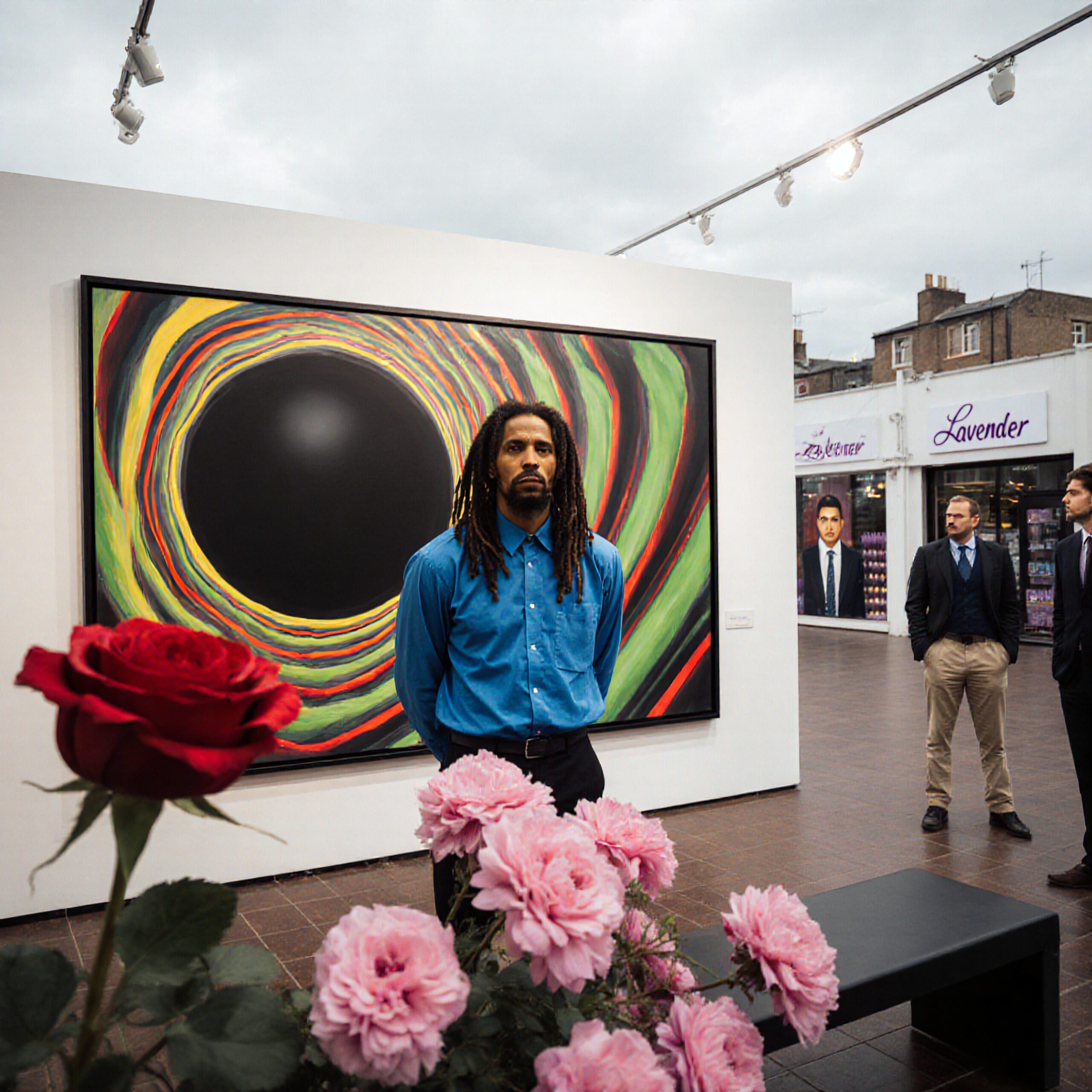A man stands in an art gallery, in front of a vibrant painting with pink and red flowers in the foreground.
