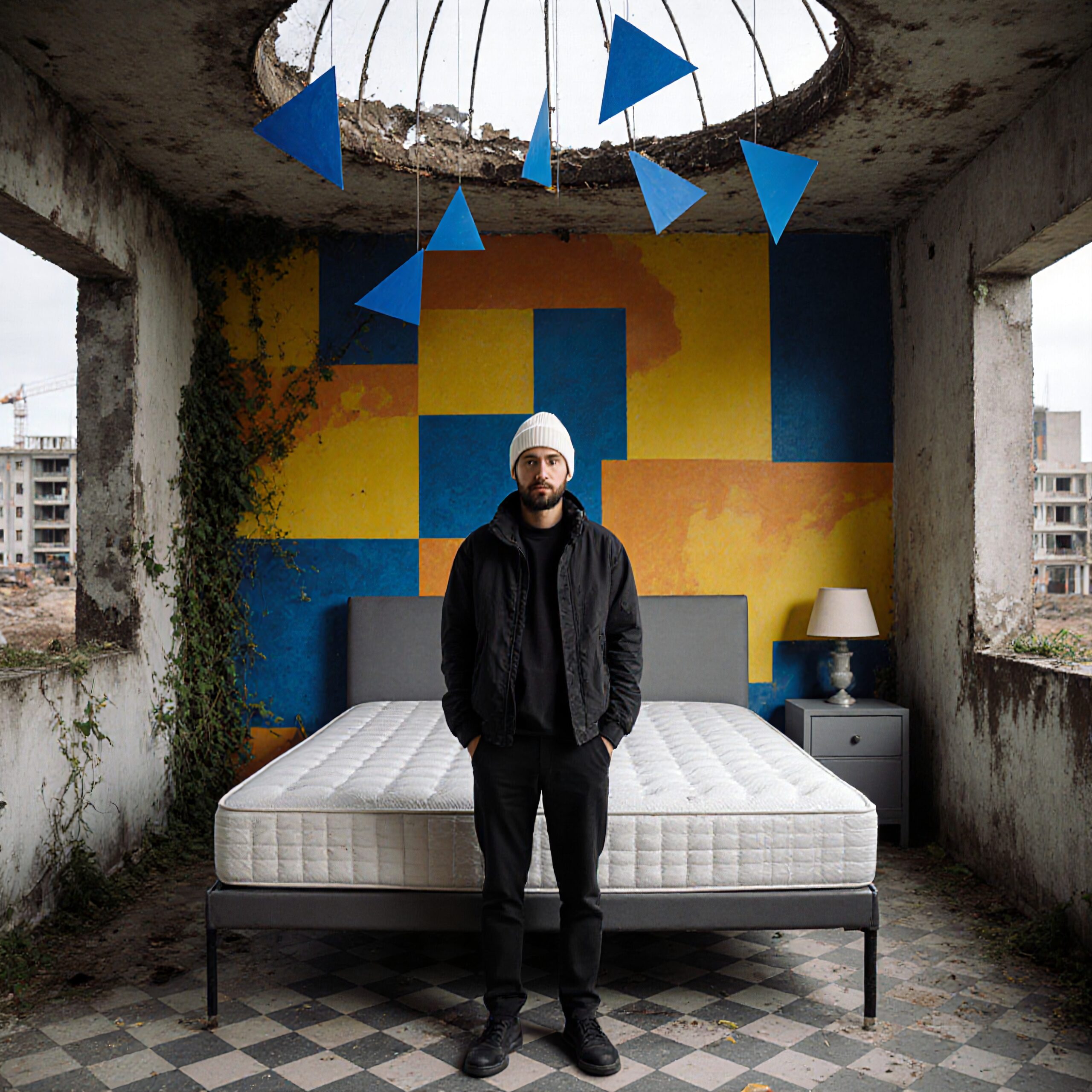 A man stands in an artistically abandoned room with colorful geometric shapes.