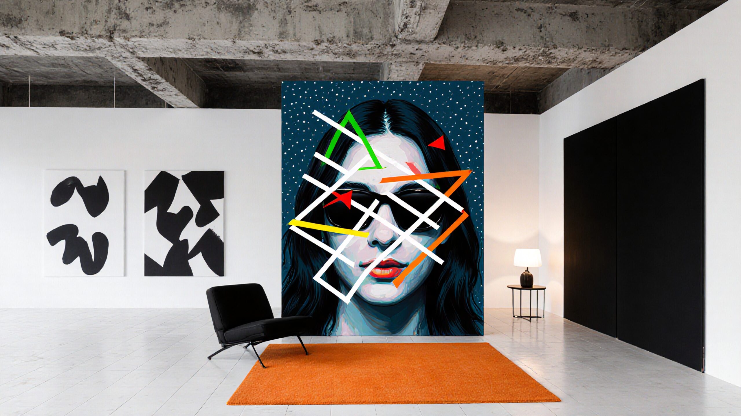 A vibrant modern art gallery showcasing colorful geometric paintings and sleek interior design.