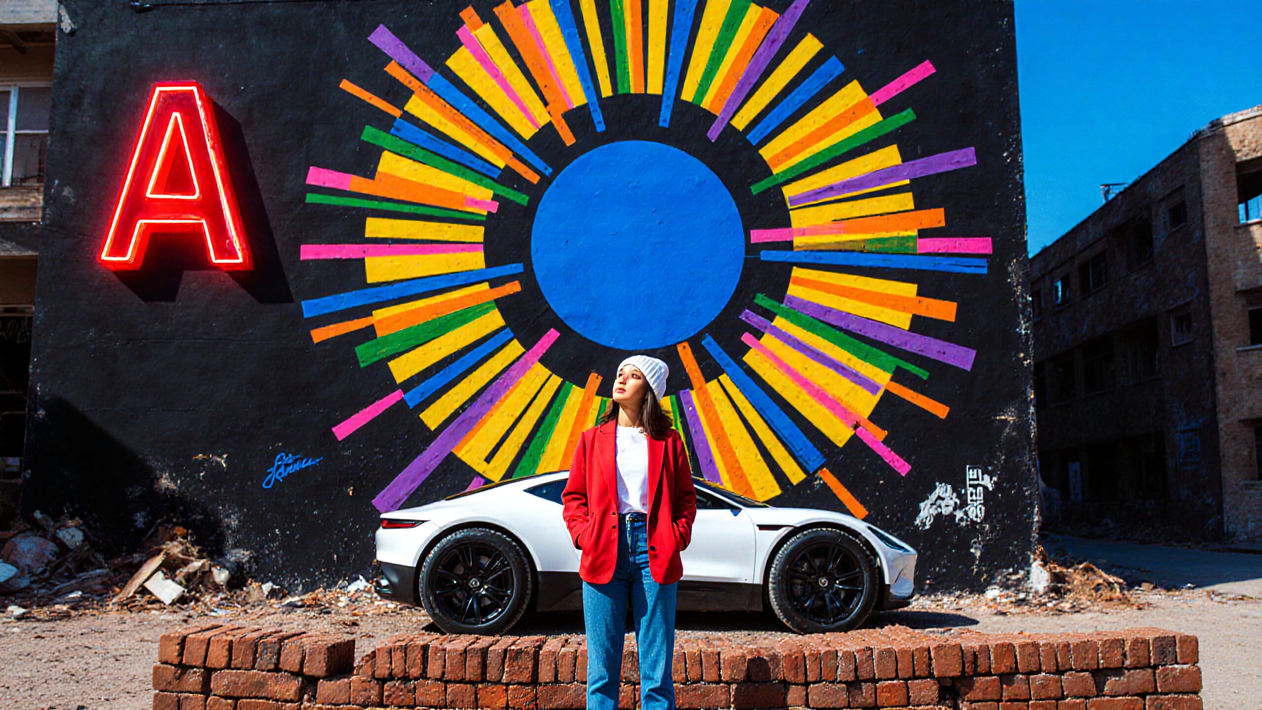 A young woman in a red jacket stands in front of a colorful mural with a white car in an urban setting.
