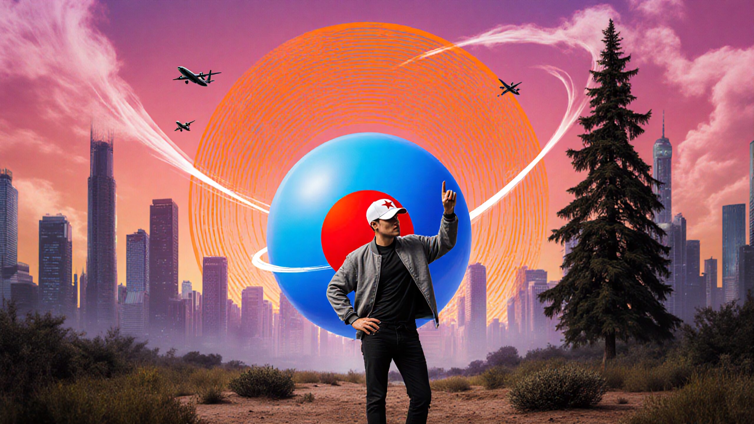 A man in a cap points upwards, standing in front of a massive sphere, surrounded by a vibrant and surreal cityscape.