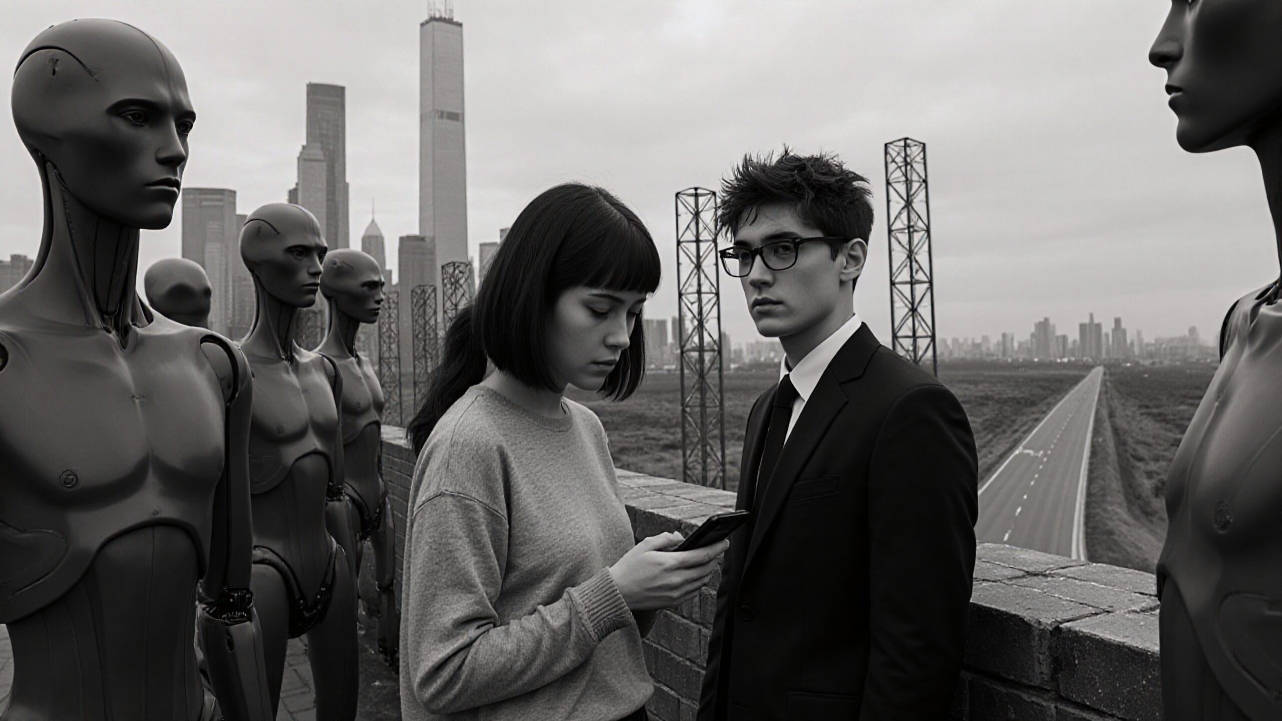 A man and woman surrounded by emotionless androids in a futuristic cityscape.