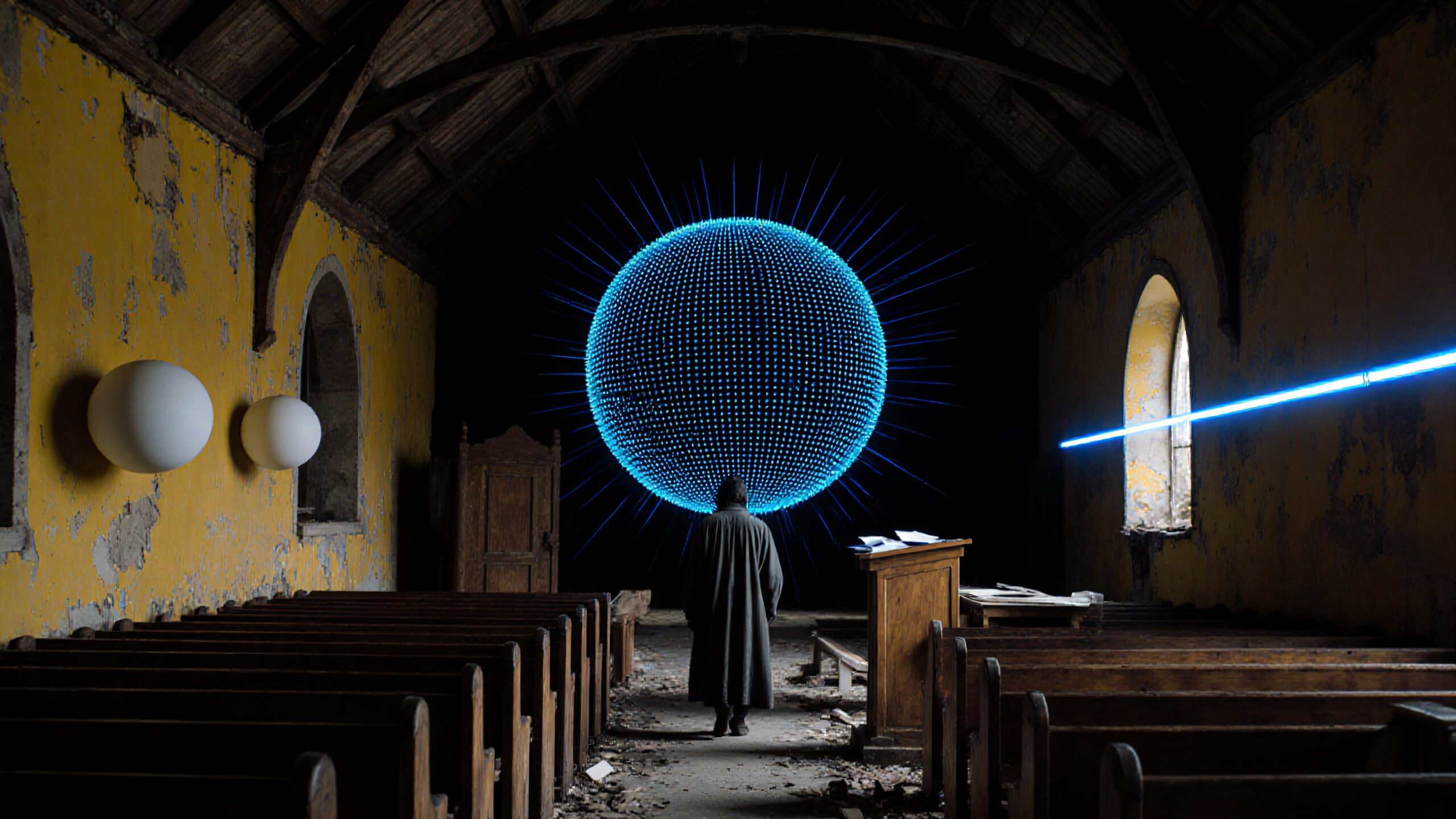 A person stands in an abandoned church with a glowing blue sphere.
