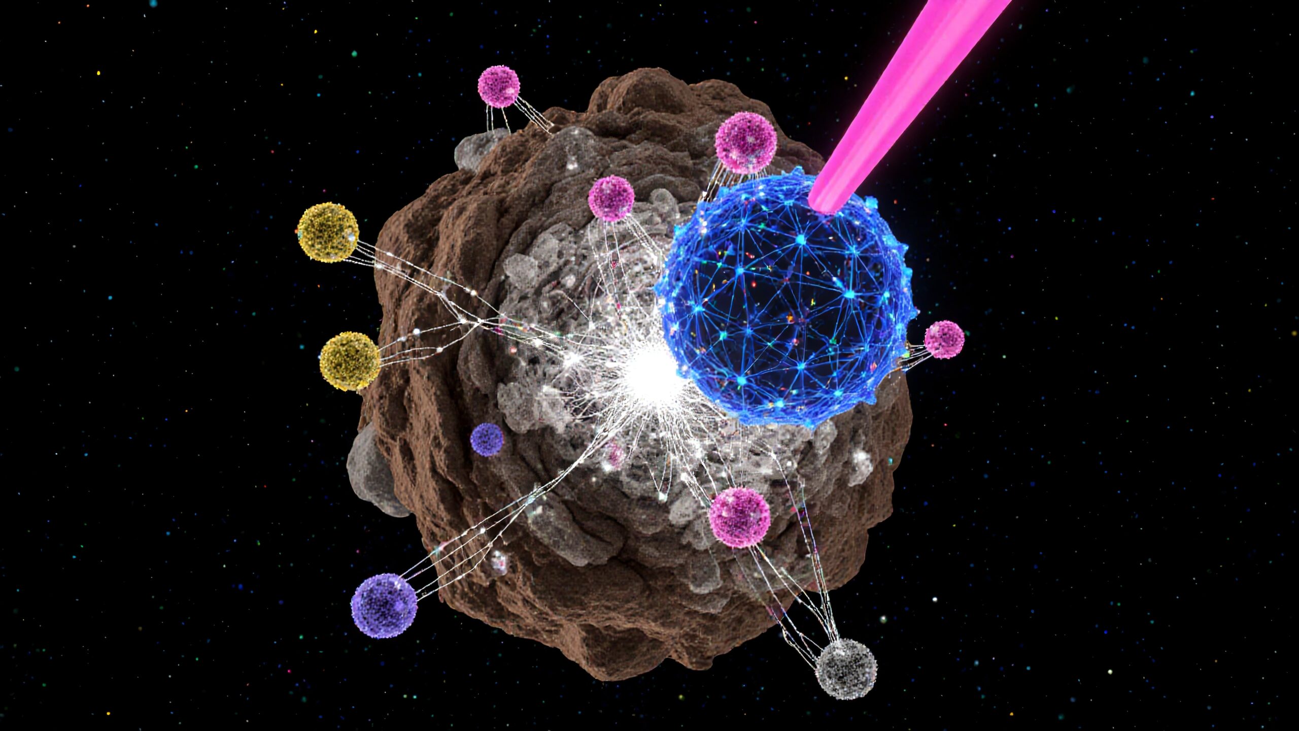 A cosmic asteroid with vibrant interconnected spheres and luminous strands in space.