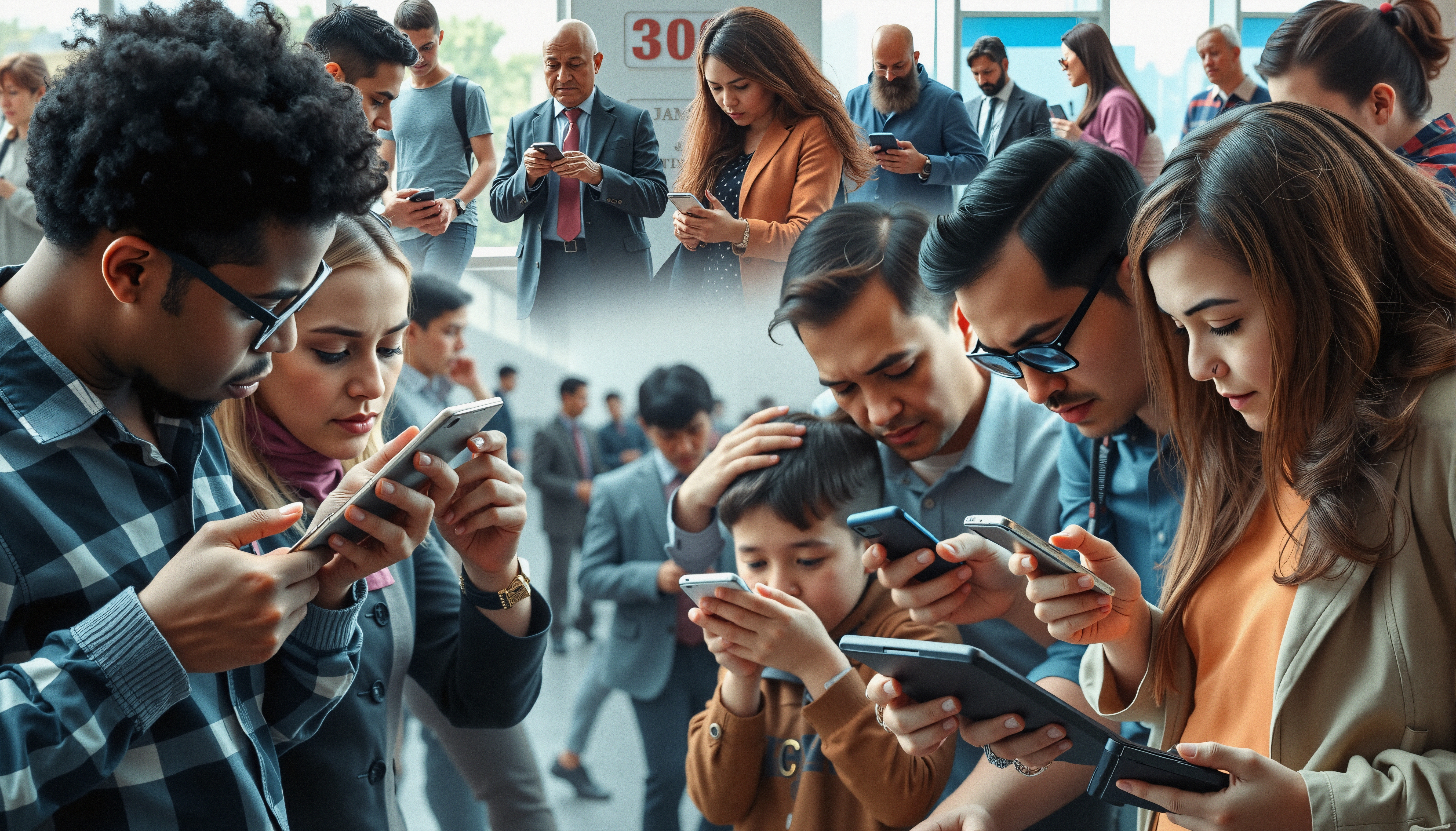 A group of diverse individuals focused on their smartphones and tablets, illustrating modern digital interaction in a public setting.