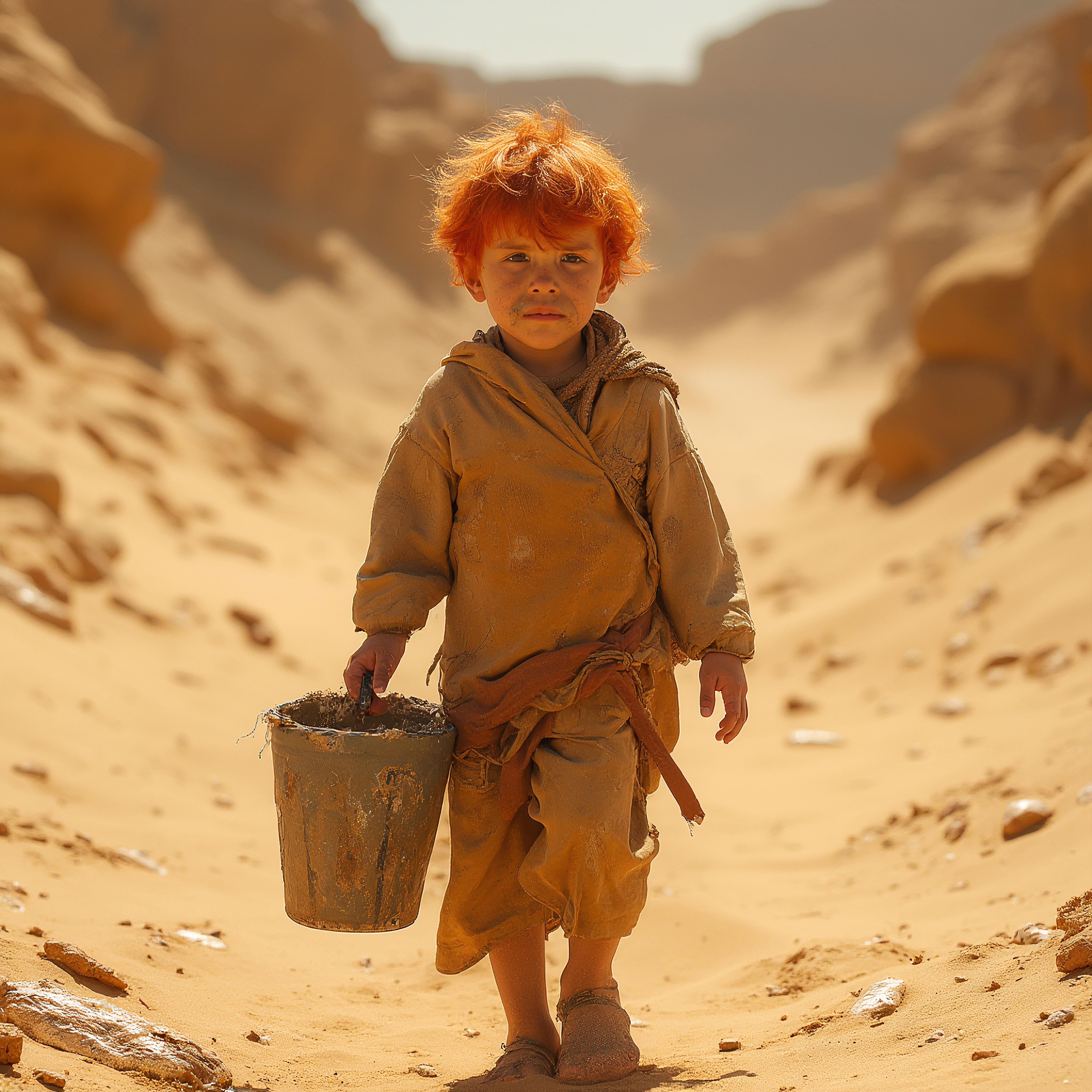 A young child with bright red hair carries a bucket in a sandy desert, symbolizing resilience and survival.