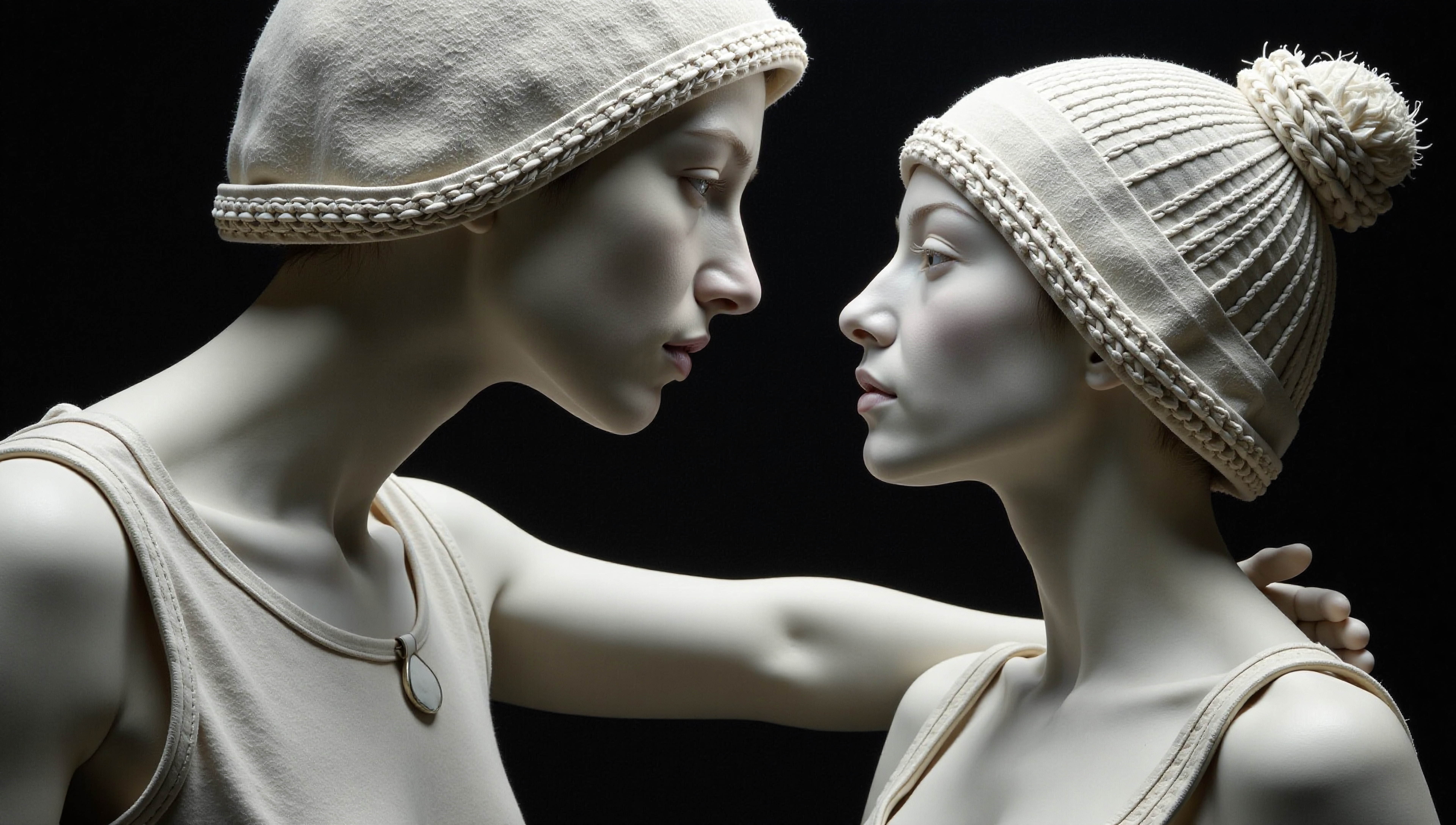 Artistic portrait of two mannequins in textured hats with a dark background.