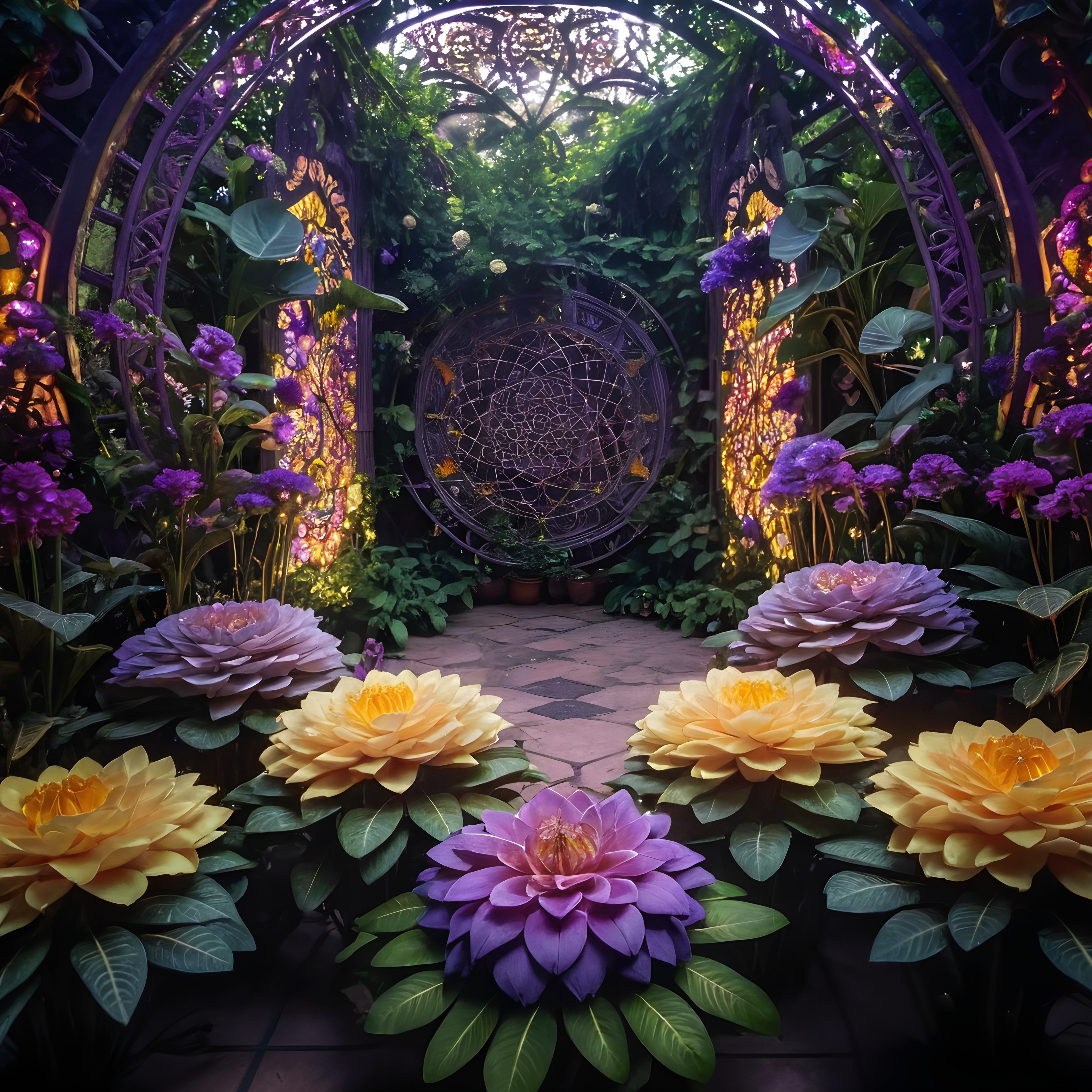Beautiful garden with large flowers, illuminated archway, and mosaic path.