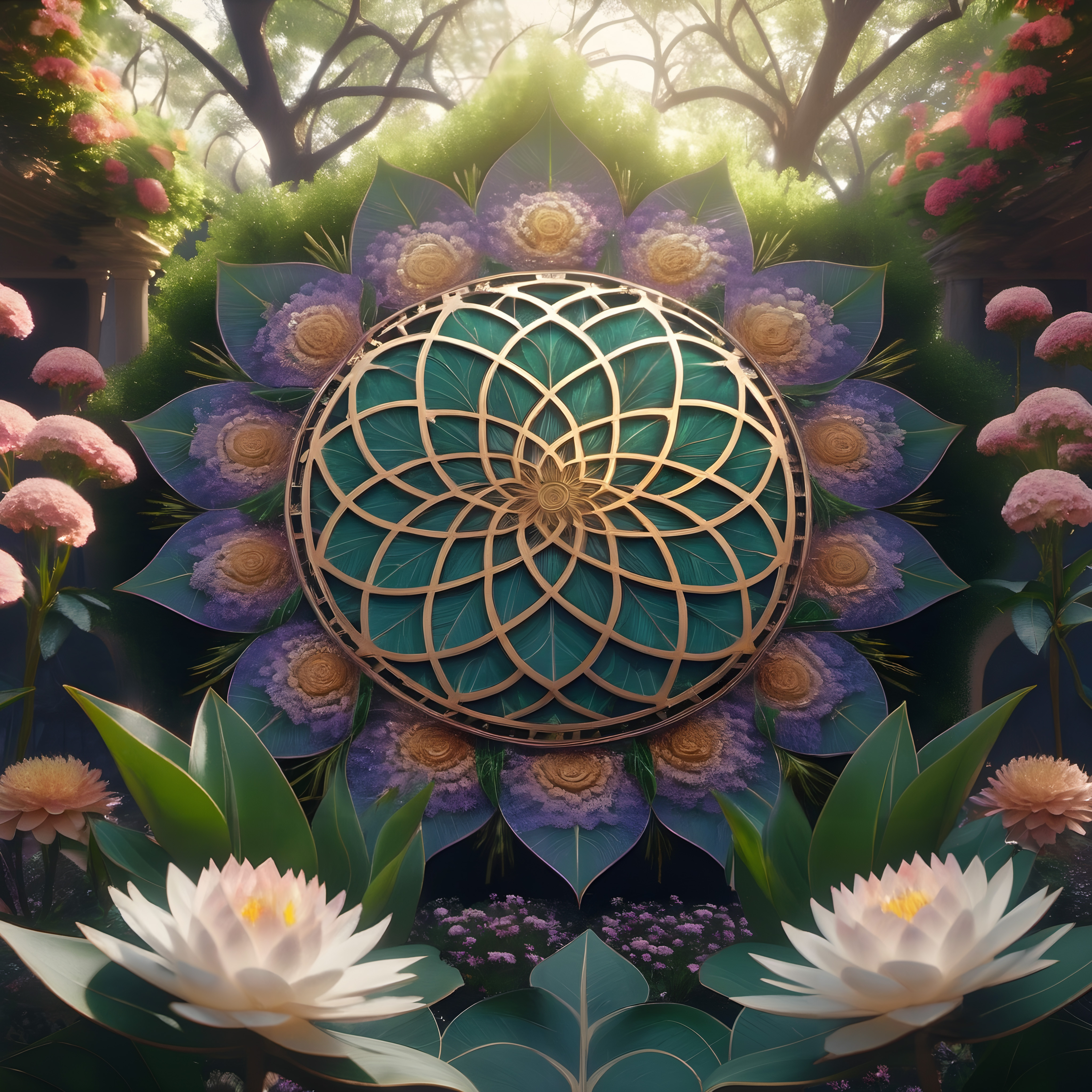 This image shows a tranquil garden scene with a mandala, vibrant flowers, and lush foliage under dappled sunlight.