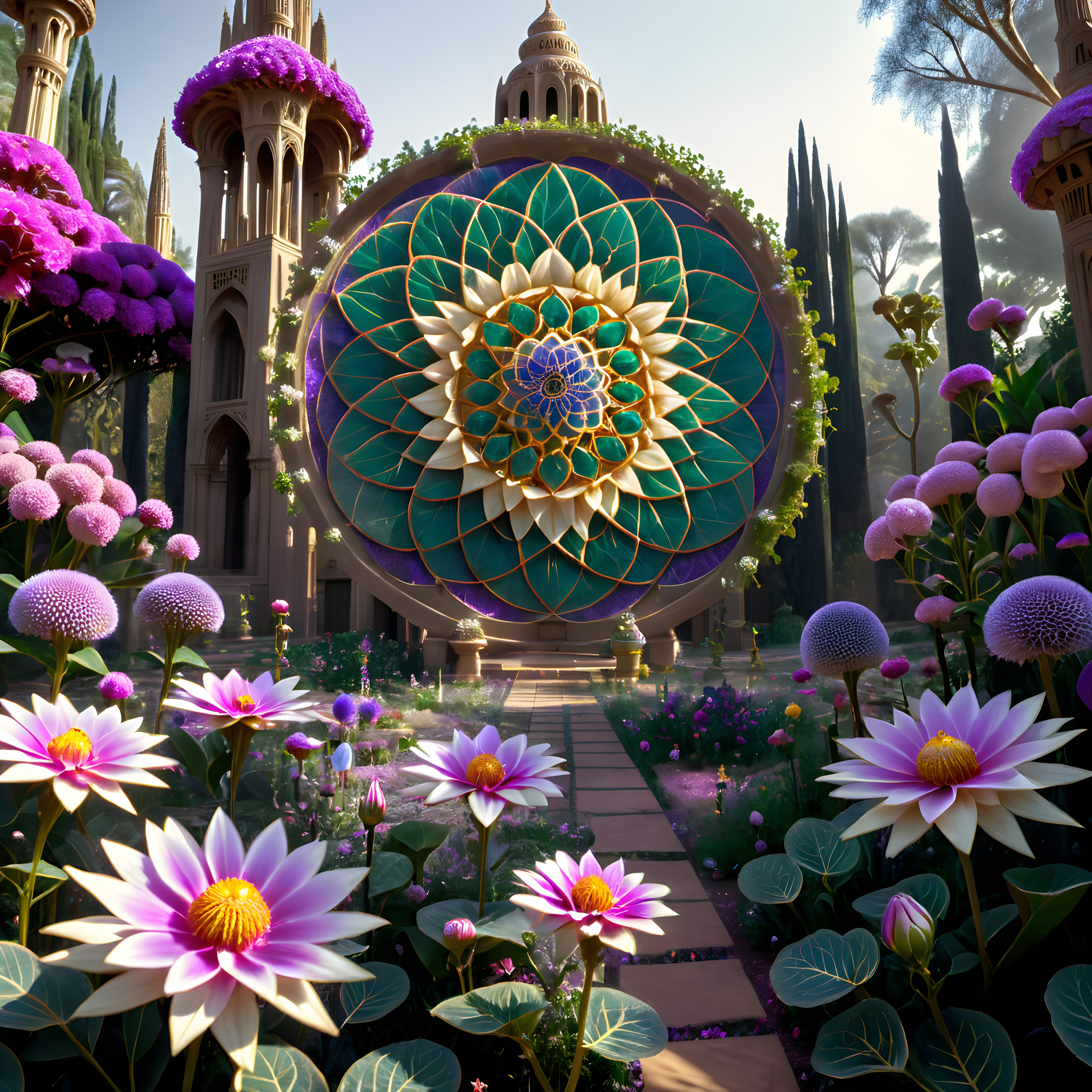 A vibrant garden with a large mandala structure surrounded by colorful flowers and ornate towers under soft sunlight.