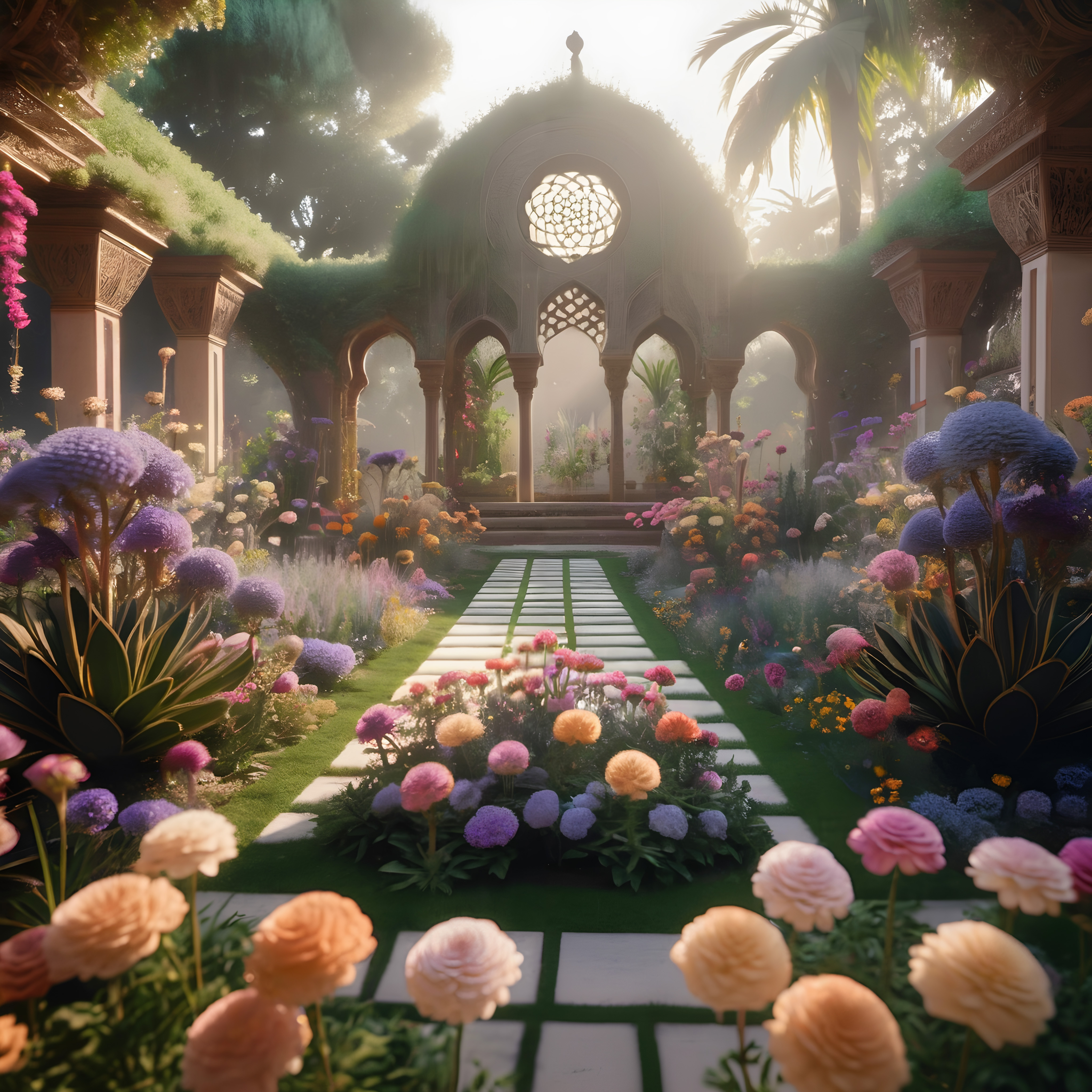 A serene garden with vibrant flowers, lush greenery, and a sunlit archway.