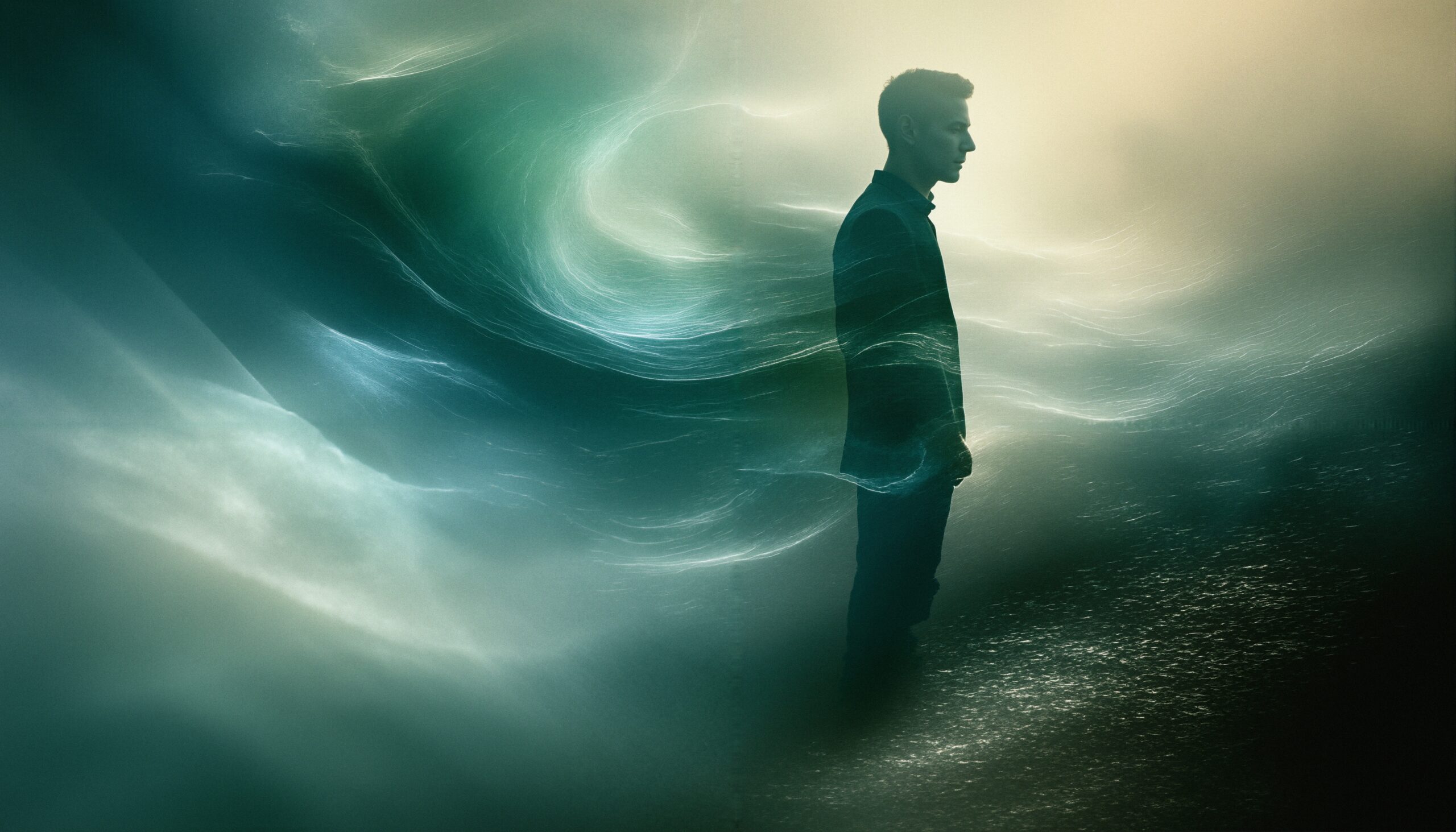 A silhouette of a man stands against swirling, ethereal waves in a dreamlike, abstract setting.