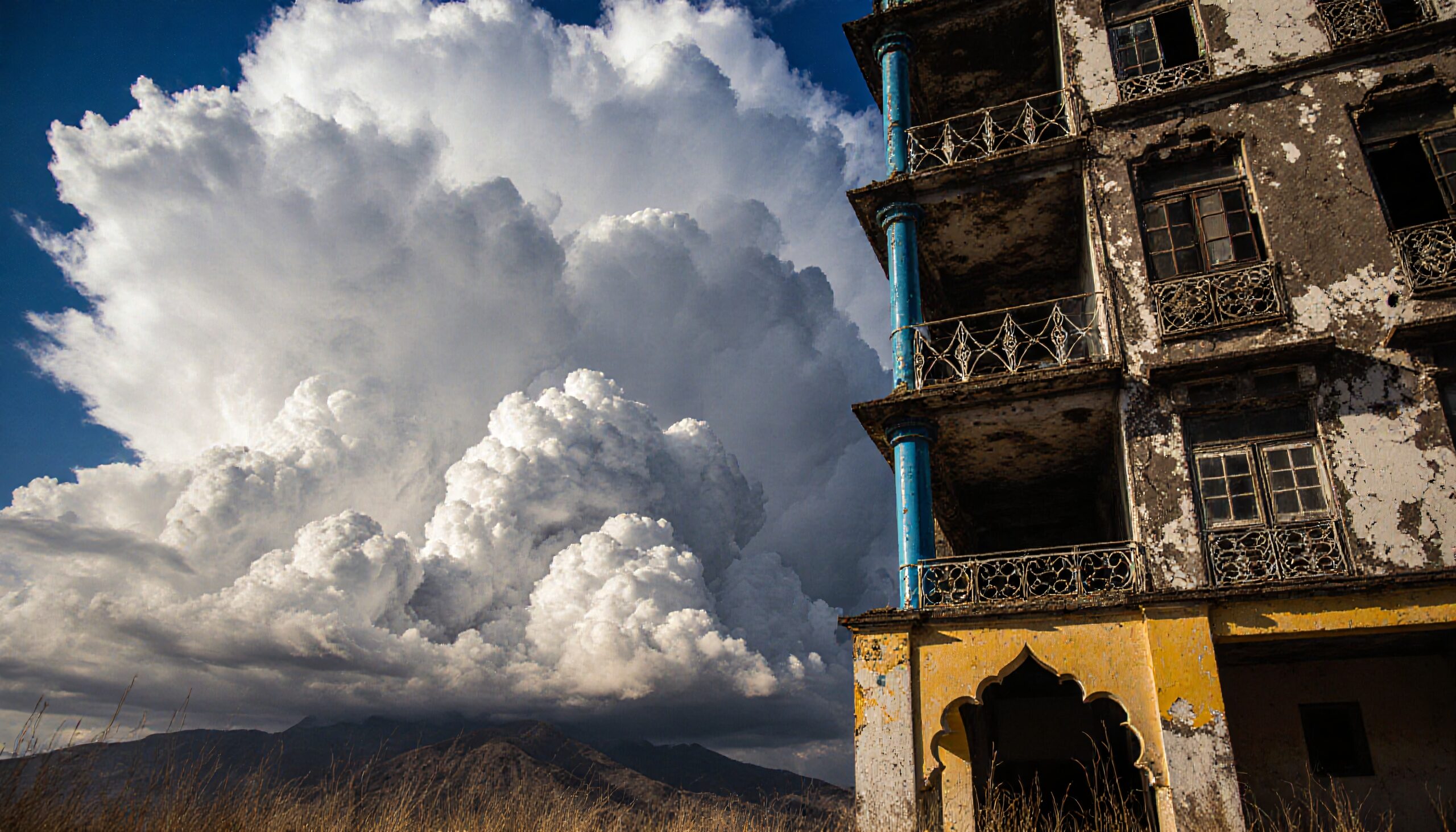 A towering cloud over an abandoned building with dramatic sunlight.
