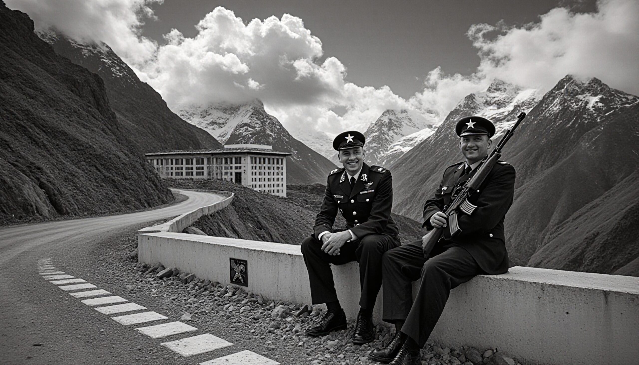 Two men in uniforms on mountain road.