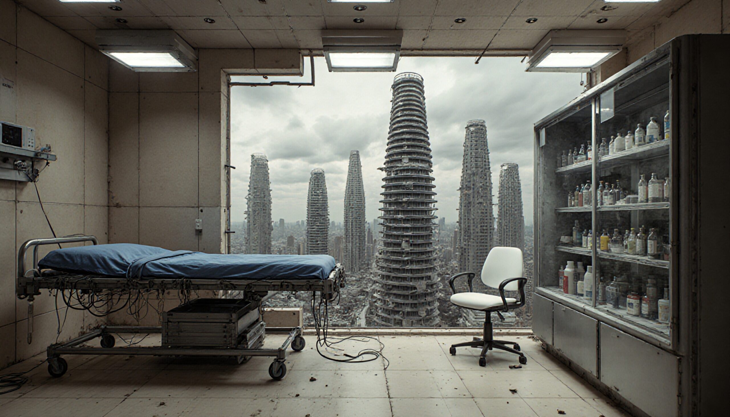 A futuristic hospital room overlooks a city of towering, cylindrical skyscrapers under an overcast sky, creating a dystopian atmosphere.