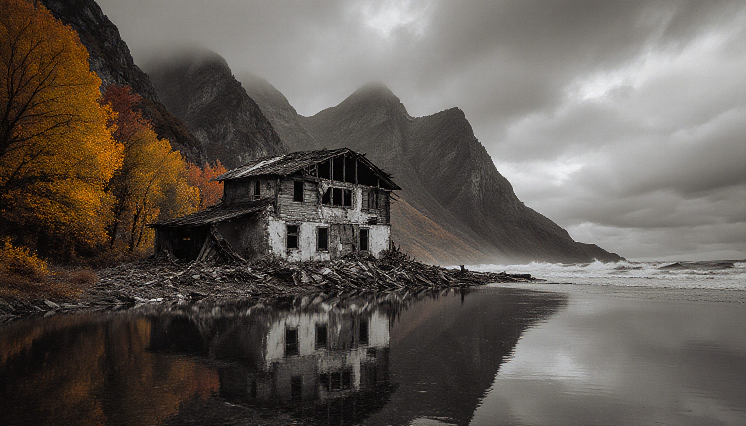 Abandoned house by mountains with autumn trees reflecting on water.