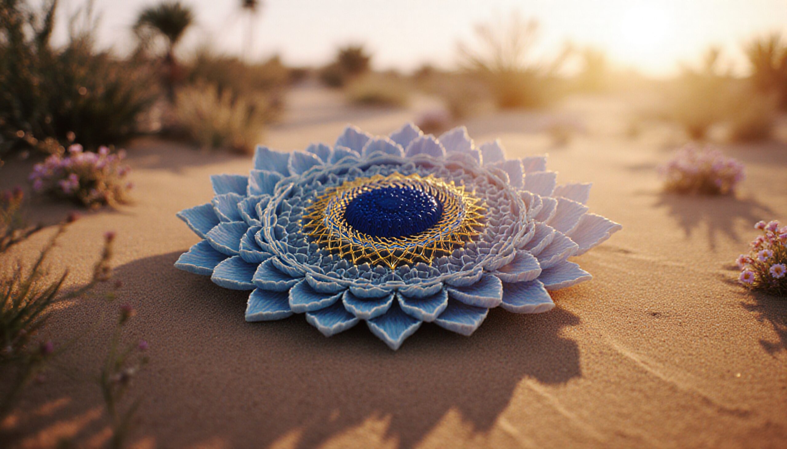 Geometric blue flower on sand at sunset.