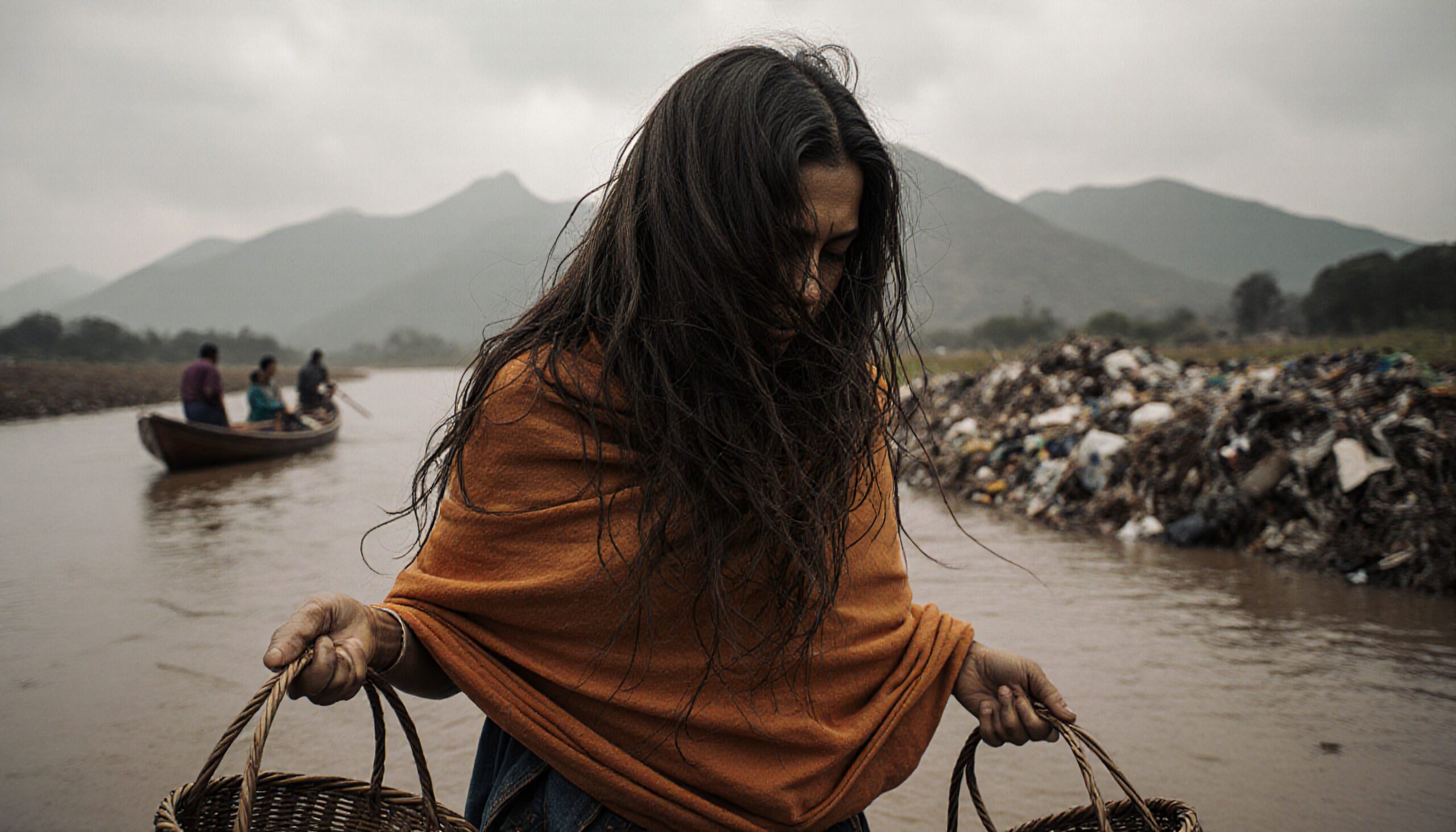A woman stands in a polluted river, surrounded by garbage, holding baskets.