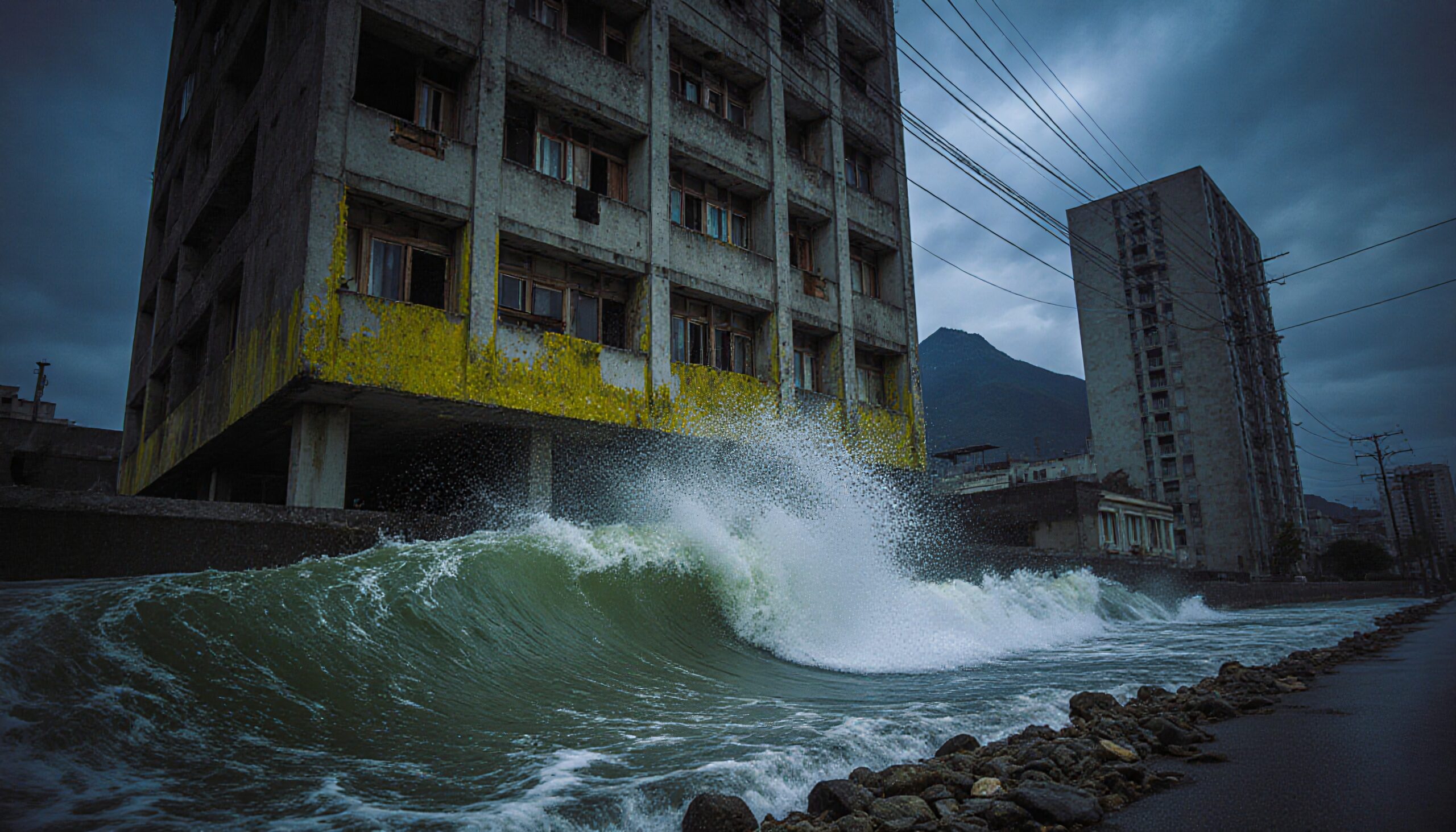 An urban wave crashes against a seawall near old buildings under a stormy sky.