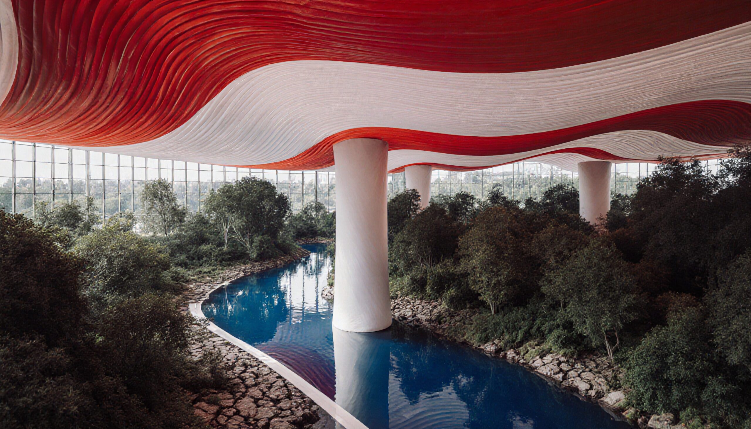 A beautiful indoor garden with a red and white undulating ceiling over a winding blue river, surrounded by lush greenery and tall columns.