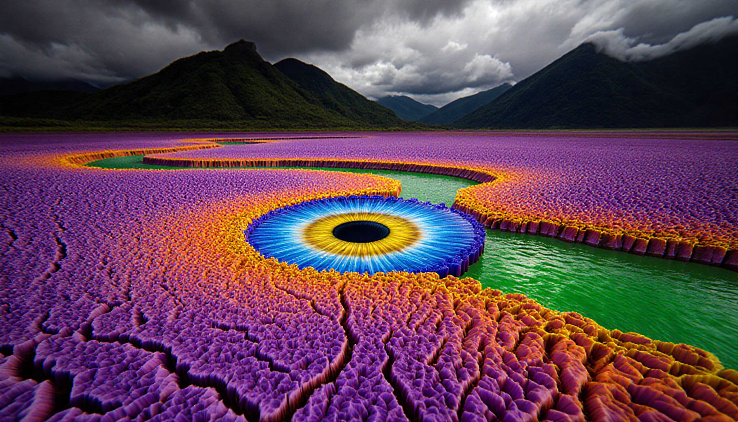 A surreal landscape with vibrant colors and an eye-like formation against dark mountains.