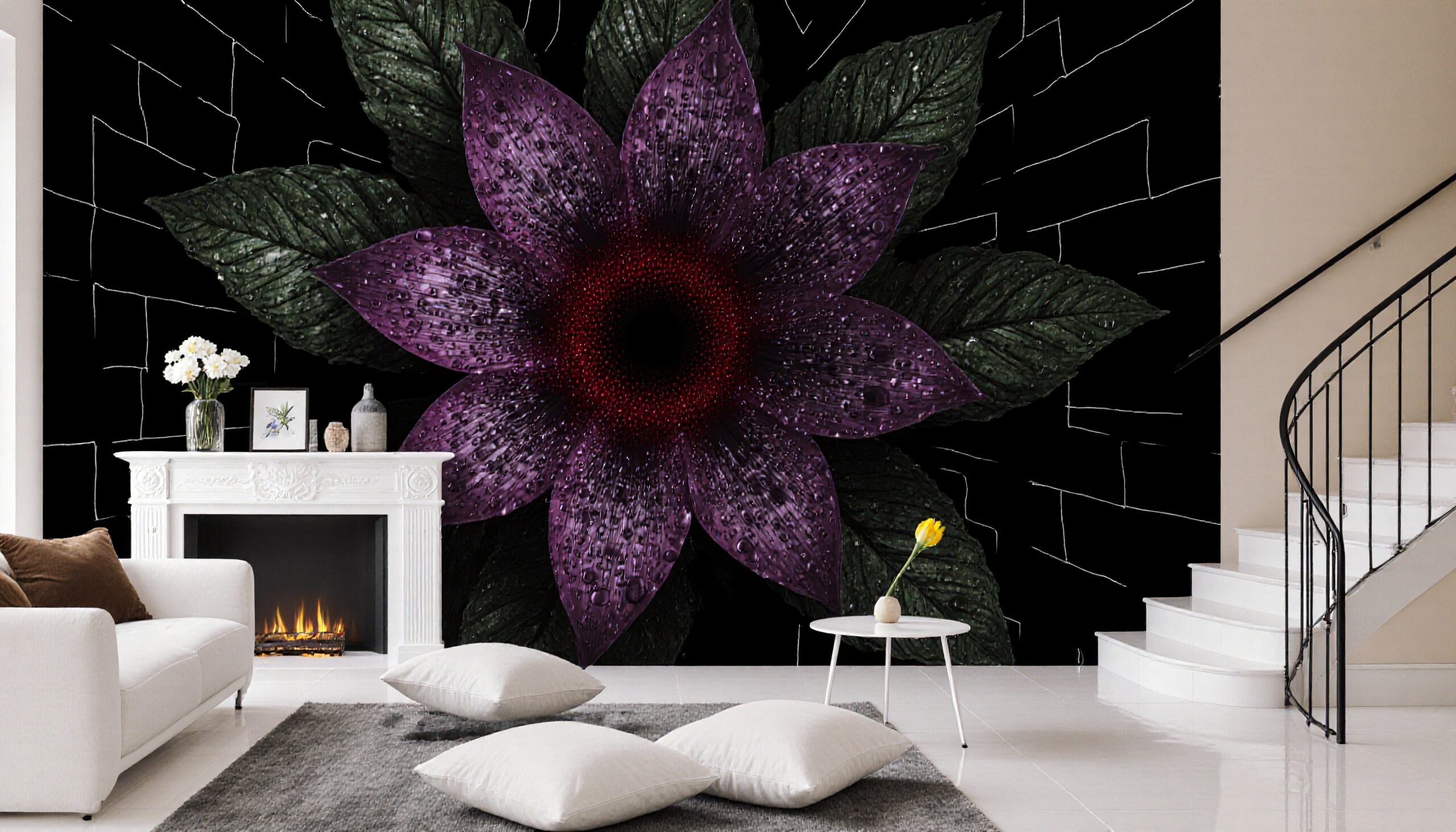 Stylish modern living room with purple flower mural.