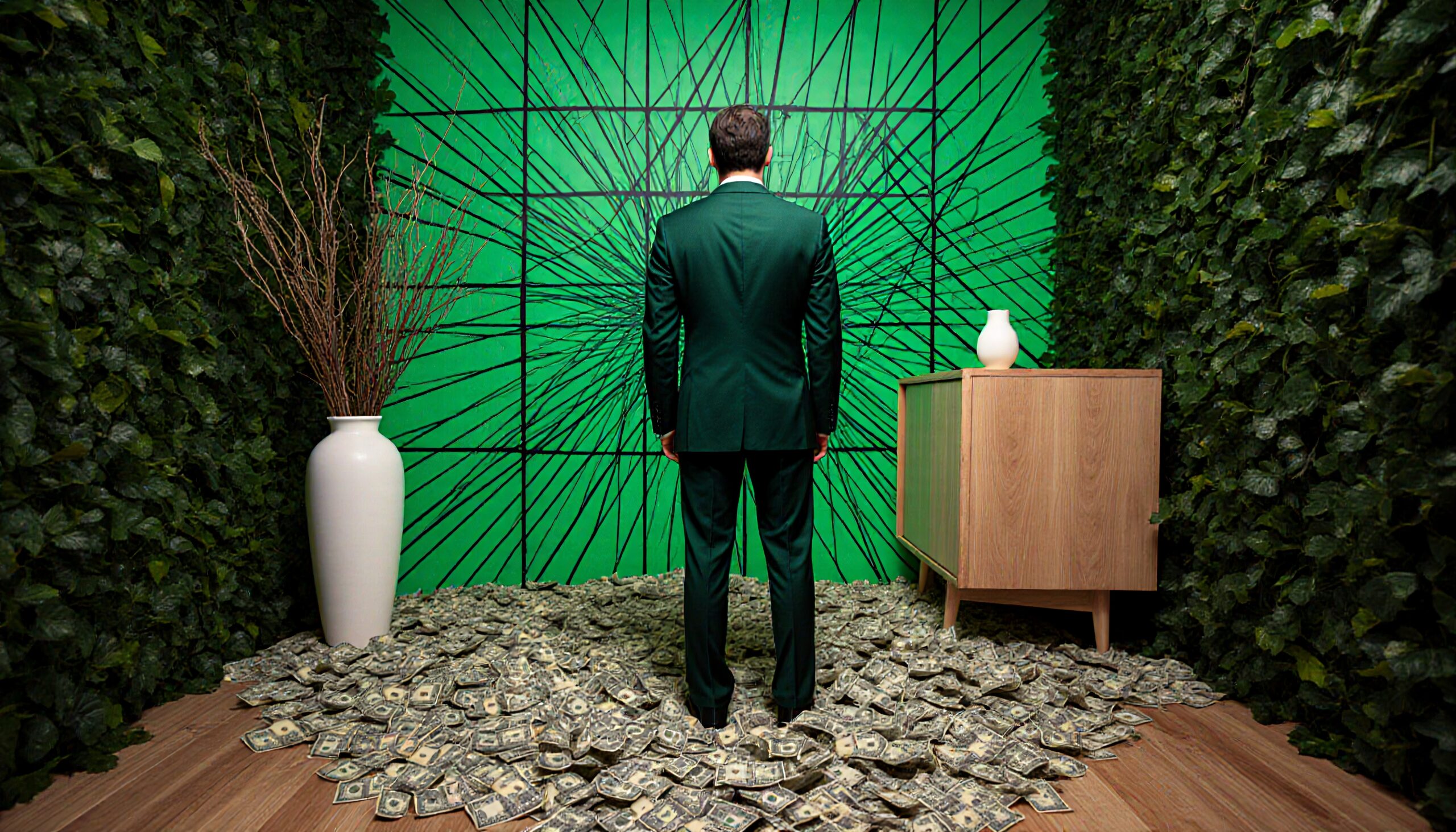 A man in a green suit stands amidst piles of cash, facing a geometric green wall in a room with ivy-covered walls and minimalist decor.