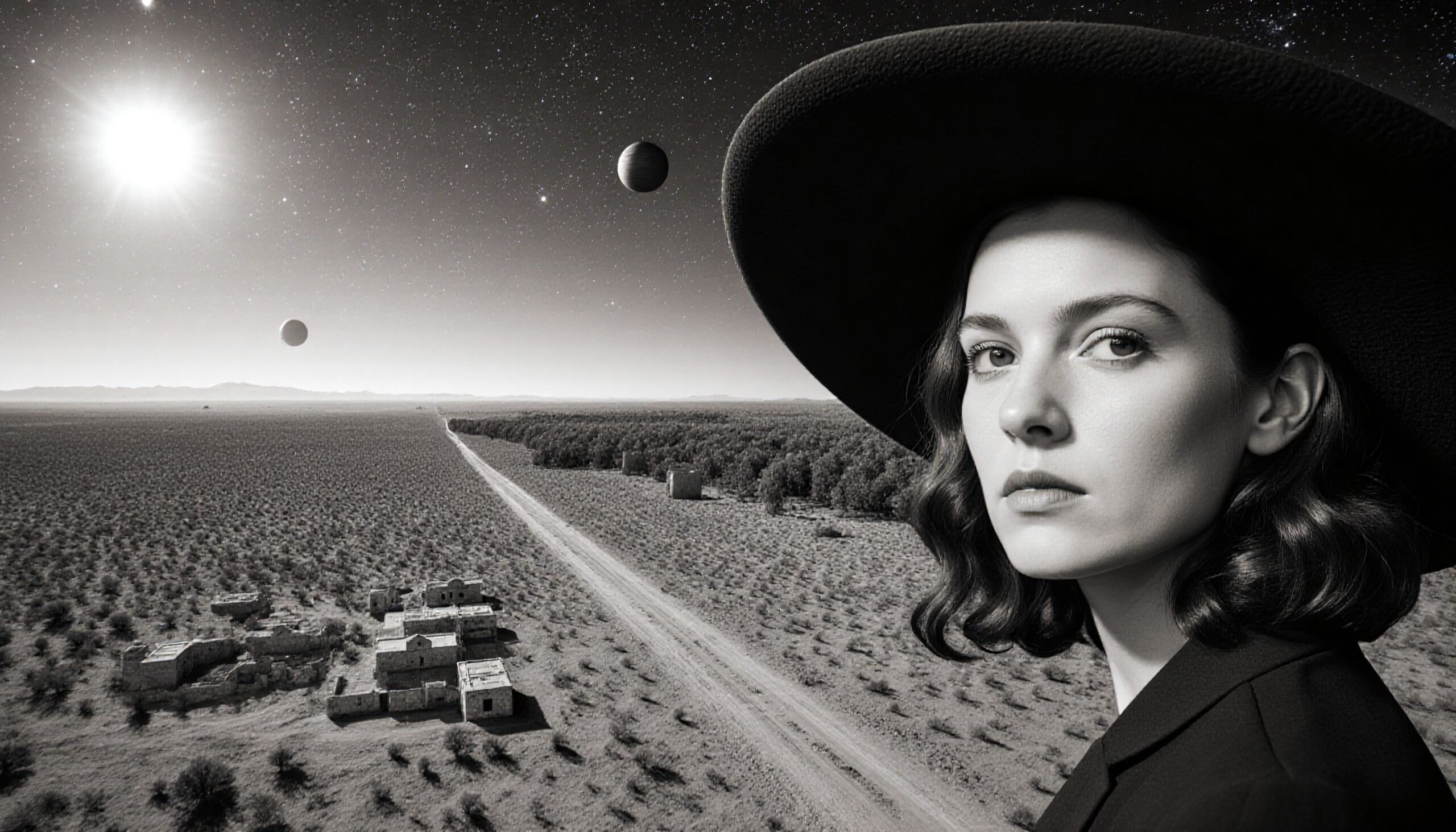 Woman in hat with futuristic desert landscape and planets.