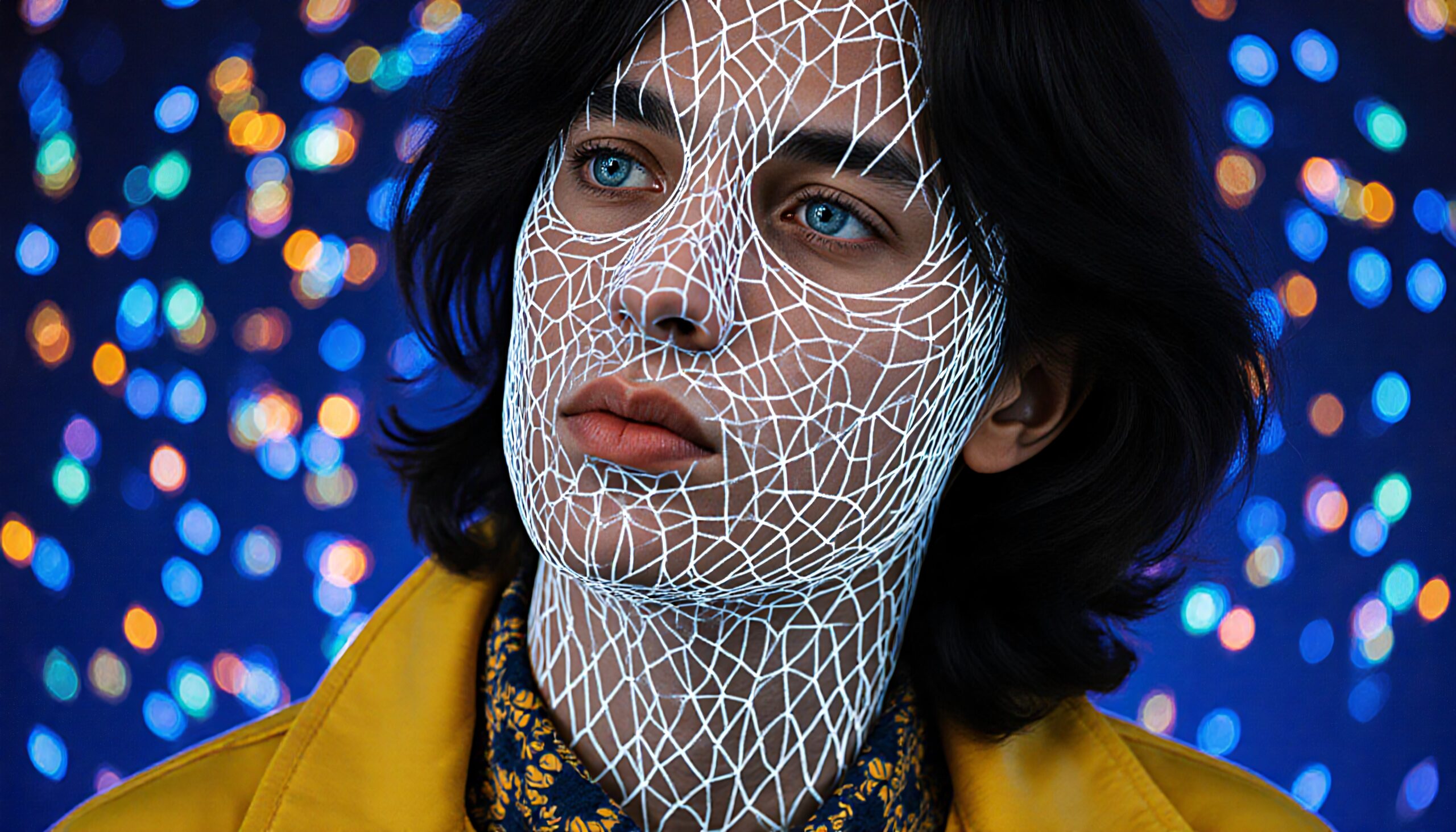 Person with geometric face design and colorful bokeh lights.