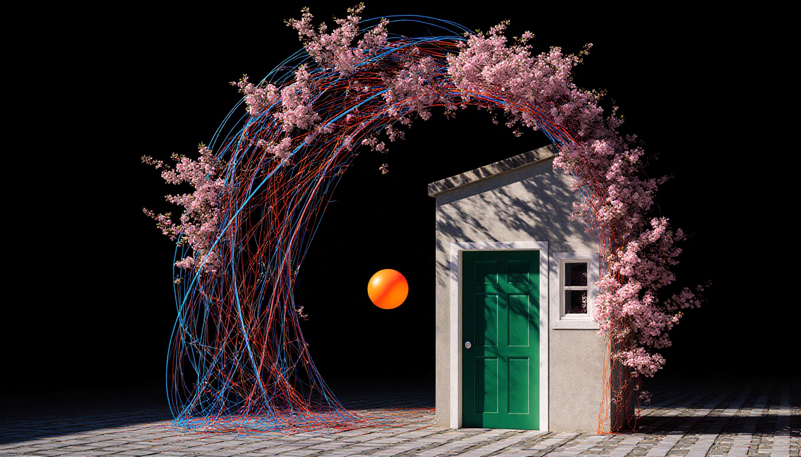 A whimsical scene featuring a green door, pink blossoms, colorful lines, and an orange sphere against a black background.