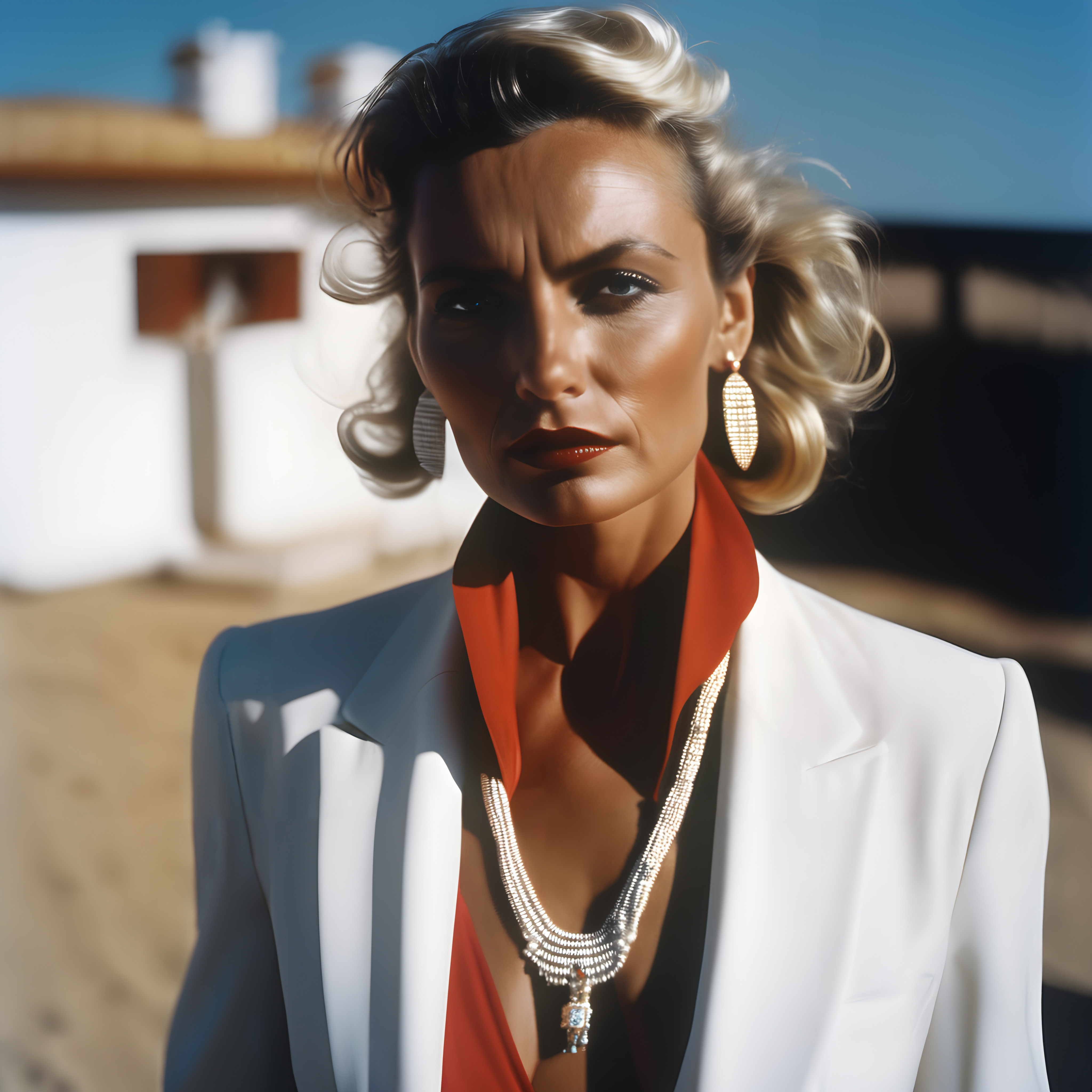 Woman in stylish white blazer, blonde curly hair, bold expression, glamorous jewelry, outdoor sunlight.