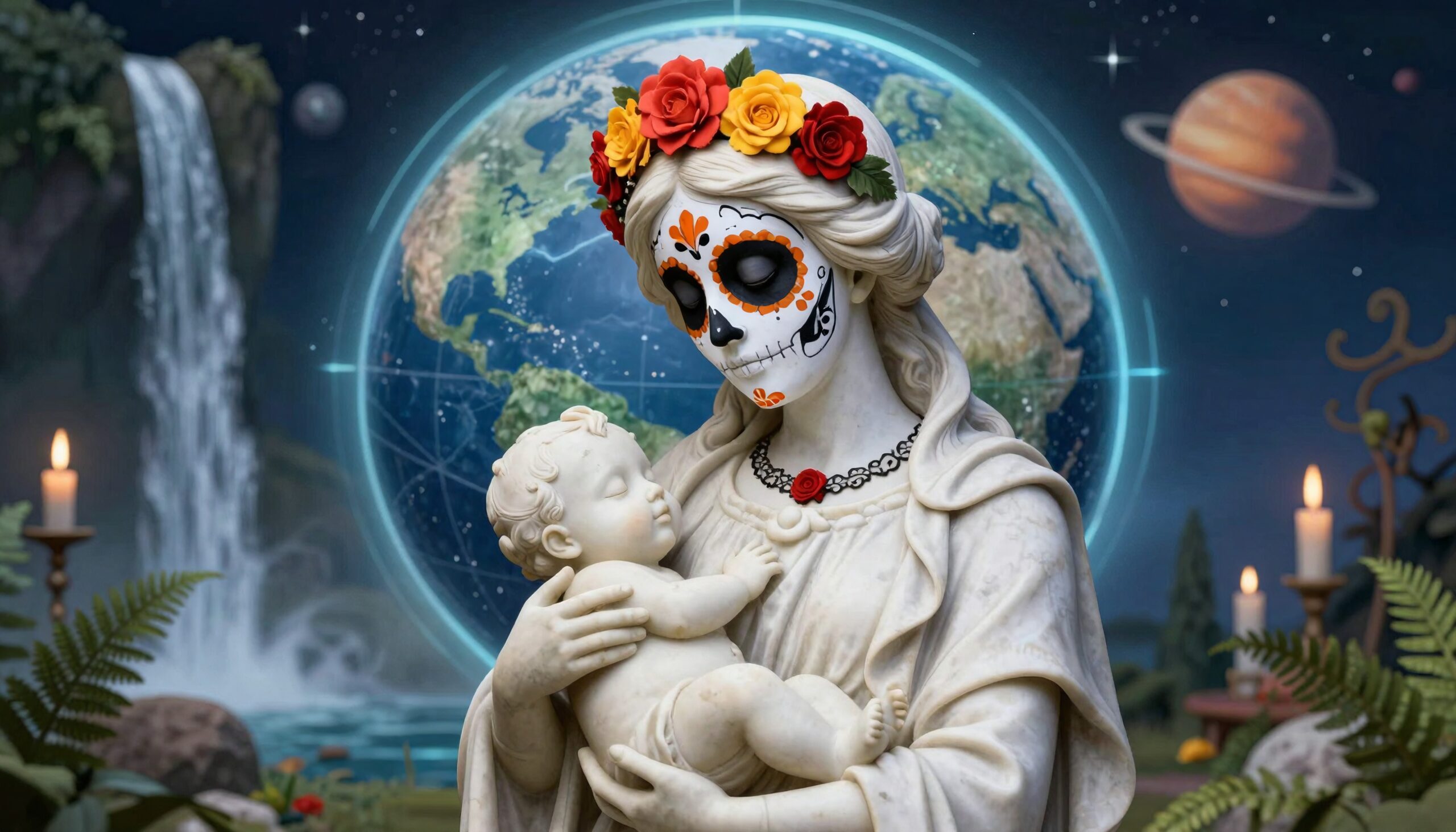 A marble statue painted in Day of the Dead style with Earth and celestial elements in the background.