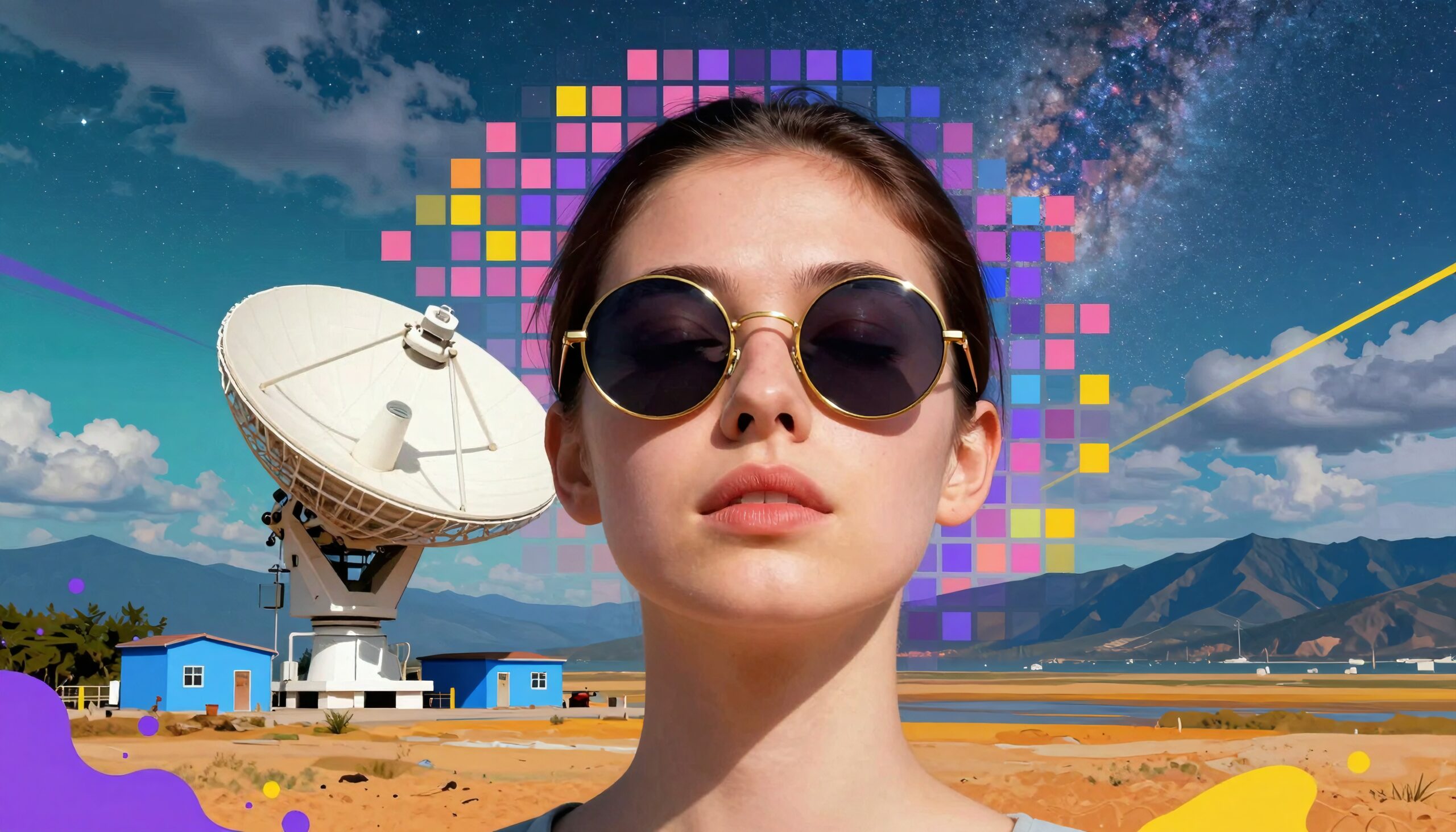 A young woman with sunglasses stands before a satellite dish and colorful digital elements under a starry sky, showcasing the fusion of humanity and technology.
