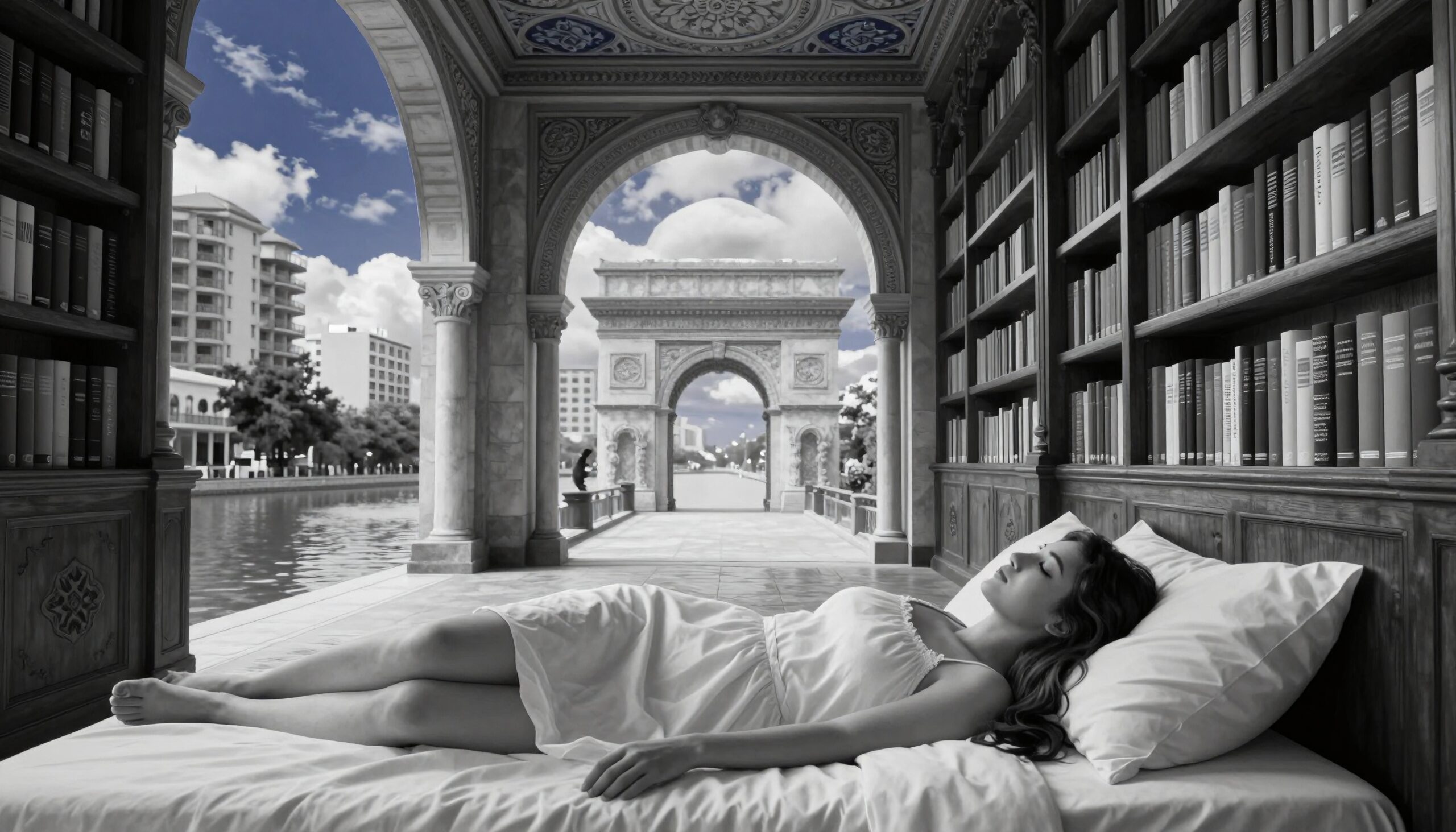 Surreal scene of a woman sleeping on a bed surrounded by books with classical architecture and a view of a blue sky with urban elements outside.