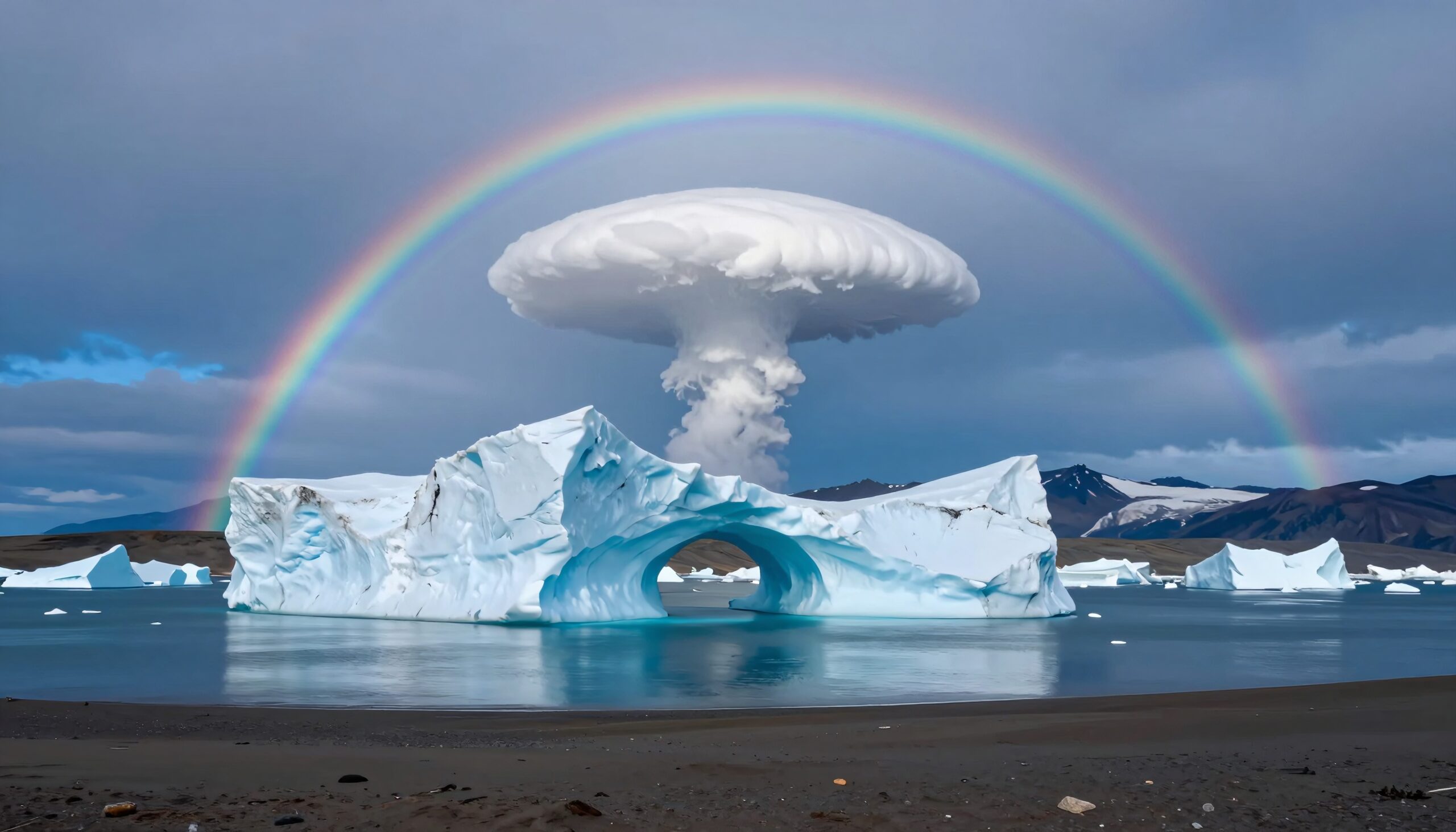 A large iceberg under a vivid rainbow with a mushroom-shaped cloud formation in the background.