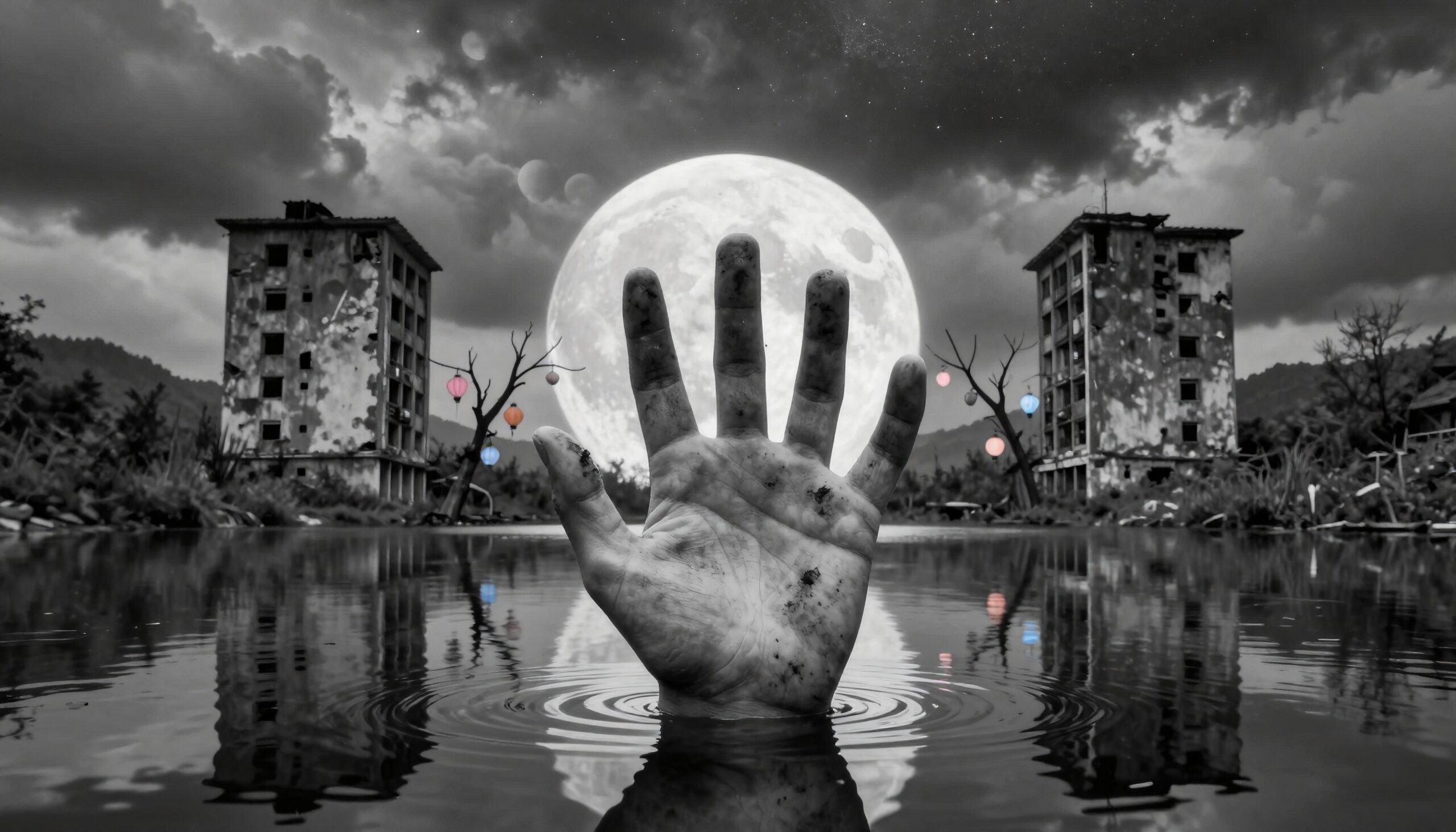 A large moon illuminates a hand emerging from a reflective pool, surrounded by abandoned buildings and colorful lanterns in a surreal night scene.