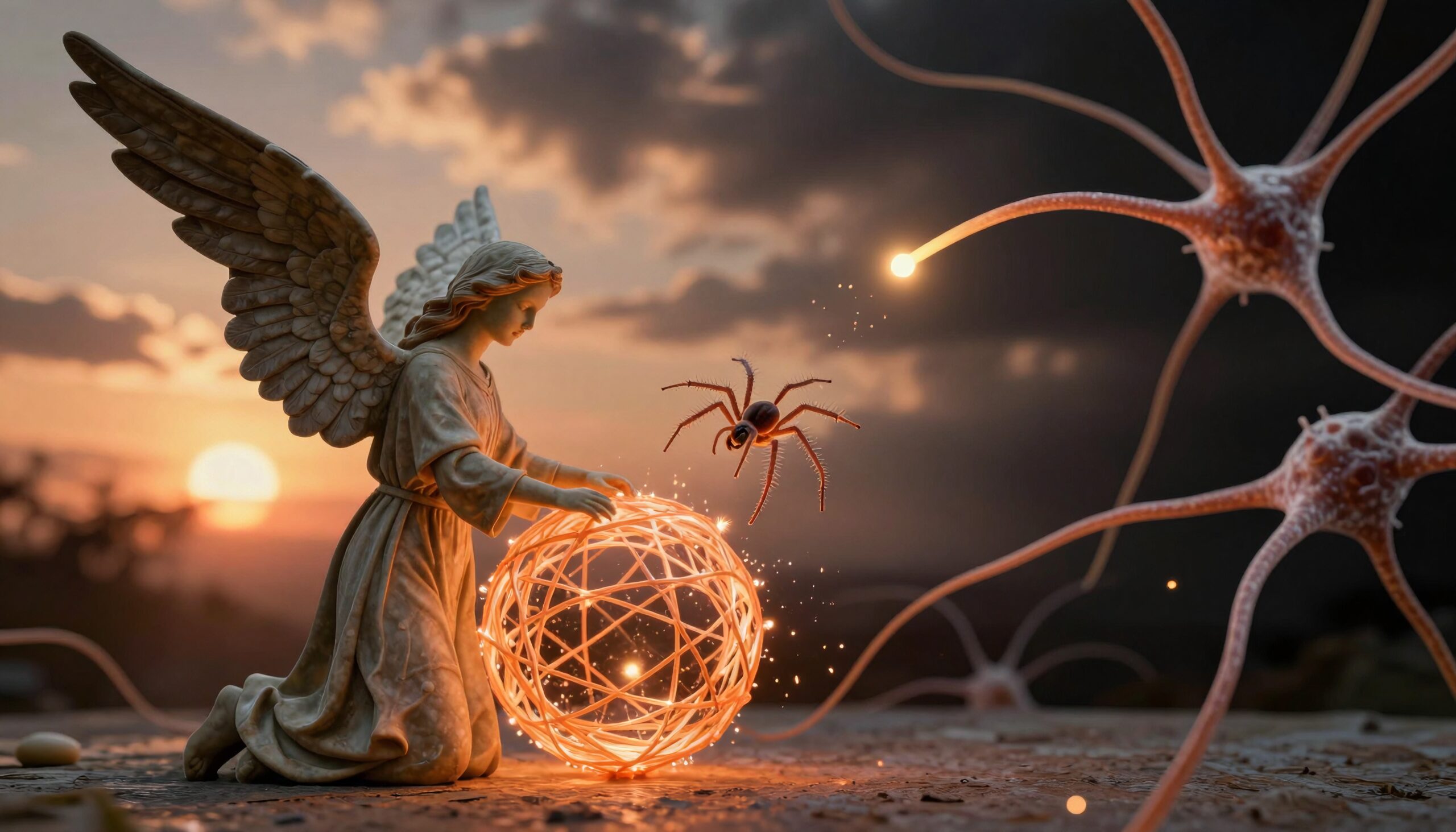 A serene angel kneels by a glowing orb, illuminated by a dramatic sunset with a spider mid-leap.